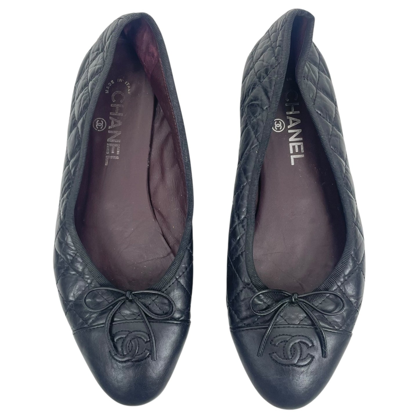 Chanel Cap Toe CC Logo Bow Quilted Leather Ballet Flats Black Size 40