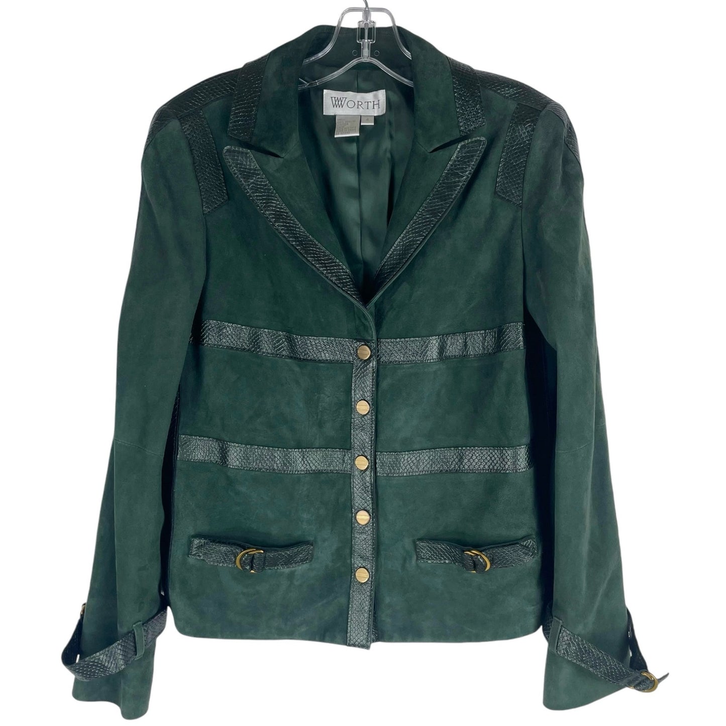 Worth NY Snake Leather Trim Suede Jacket Snap Button Dark Green Size 4