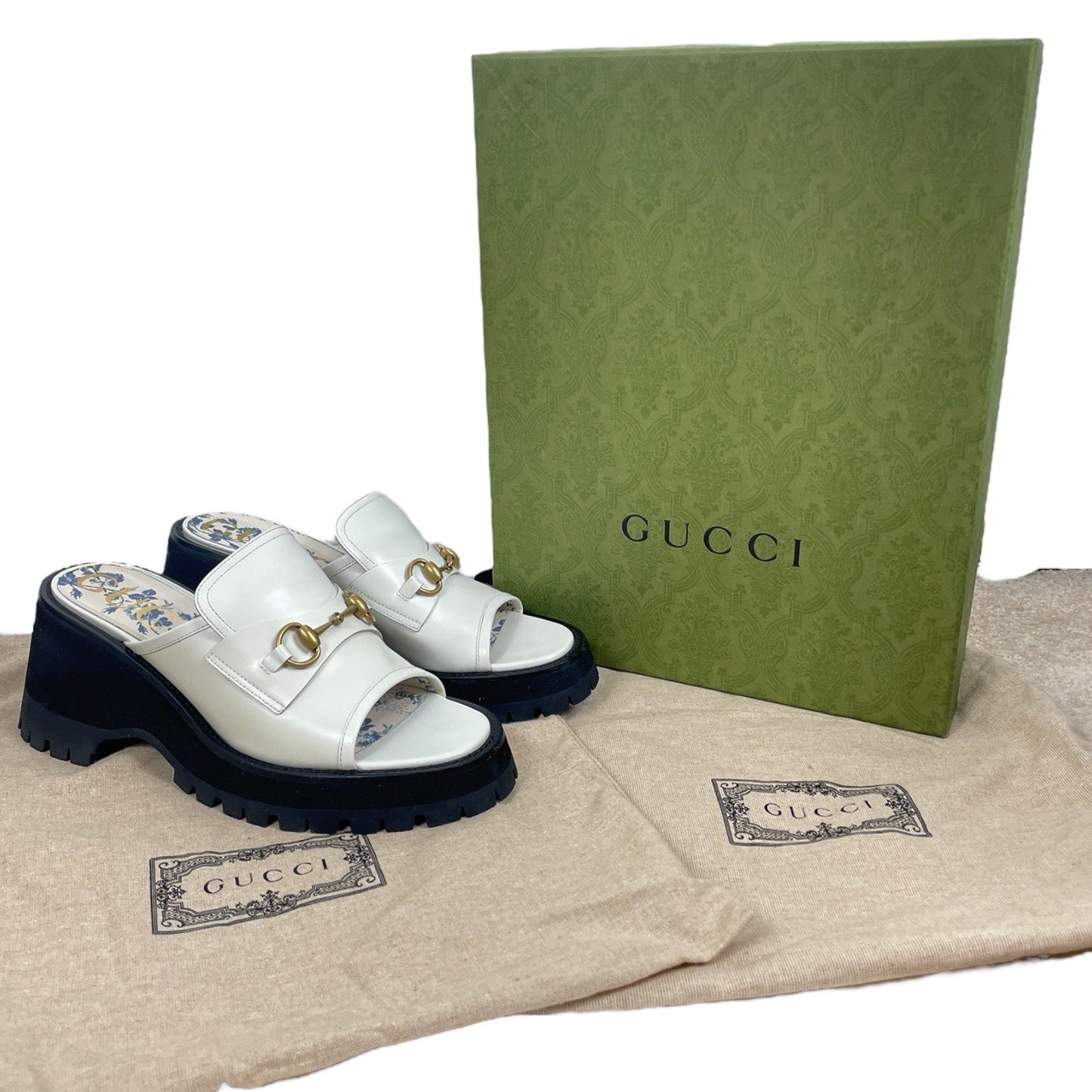 Gucci Cordovan Horsebit Open Toe Platform Slide Sandal Dusty White Size 41