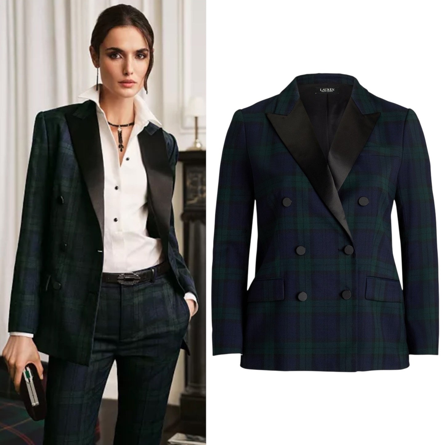 Lauren Ralph Lauren Plaid Double Breasted Satin Trim Blazer Size 2