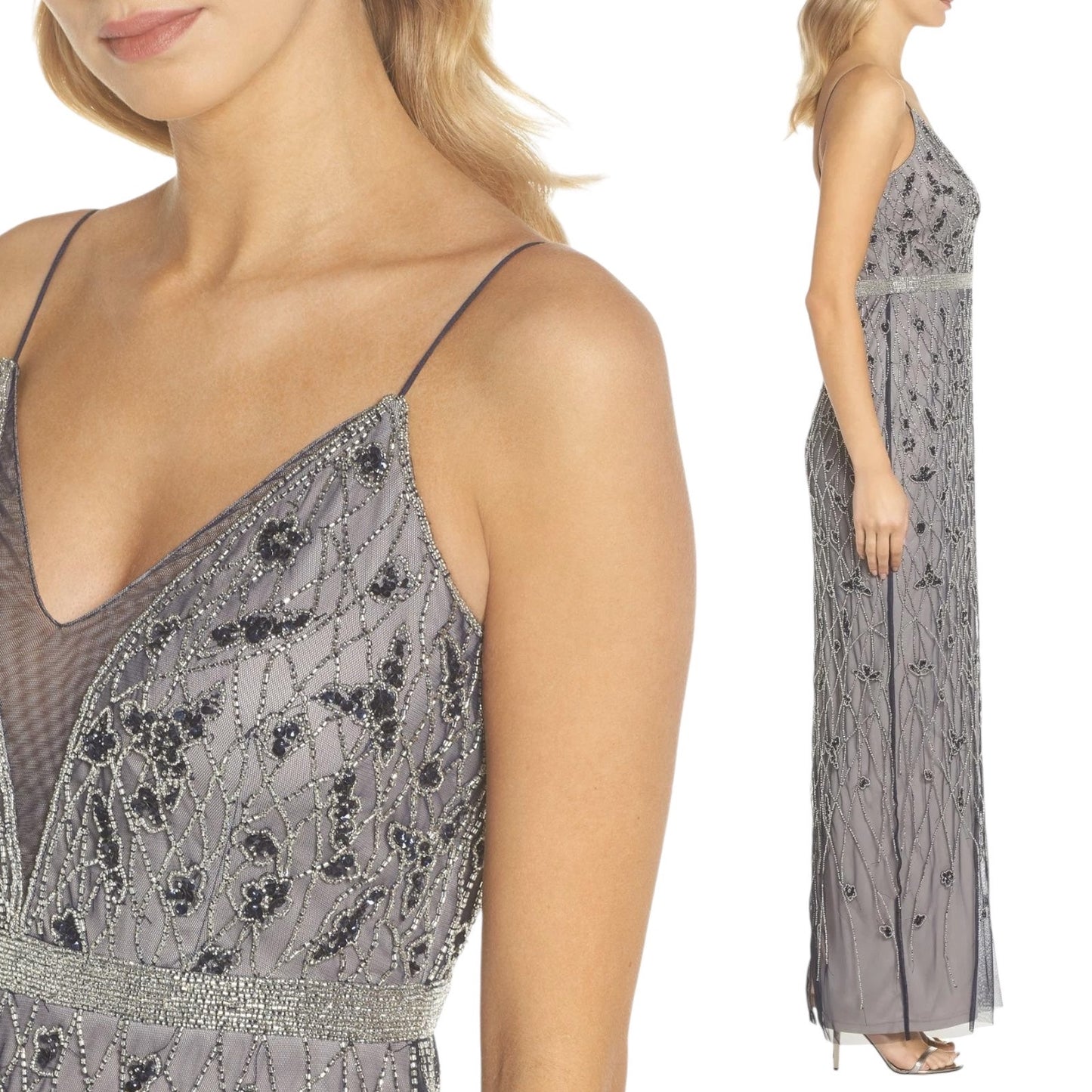 Adrianna Papell Embellished Column Gown Formal Dress Blue Silver Size 2