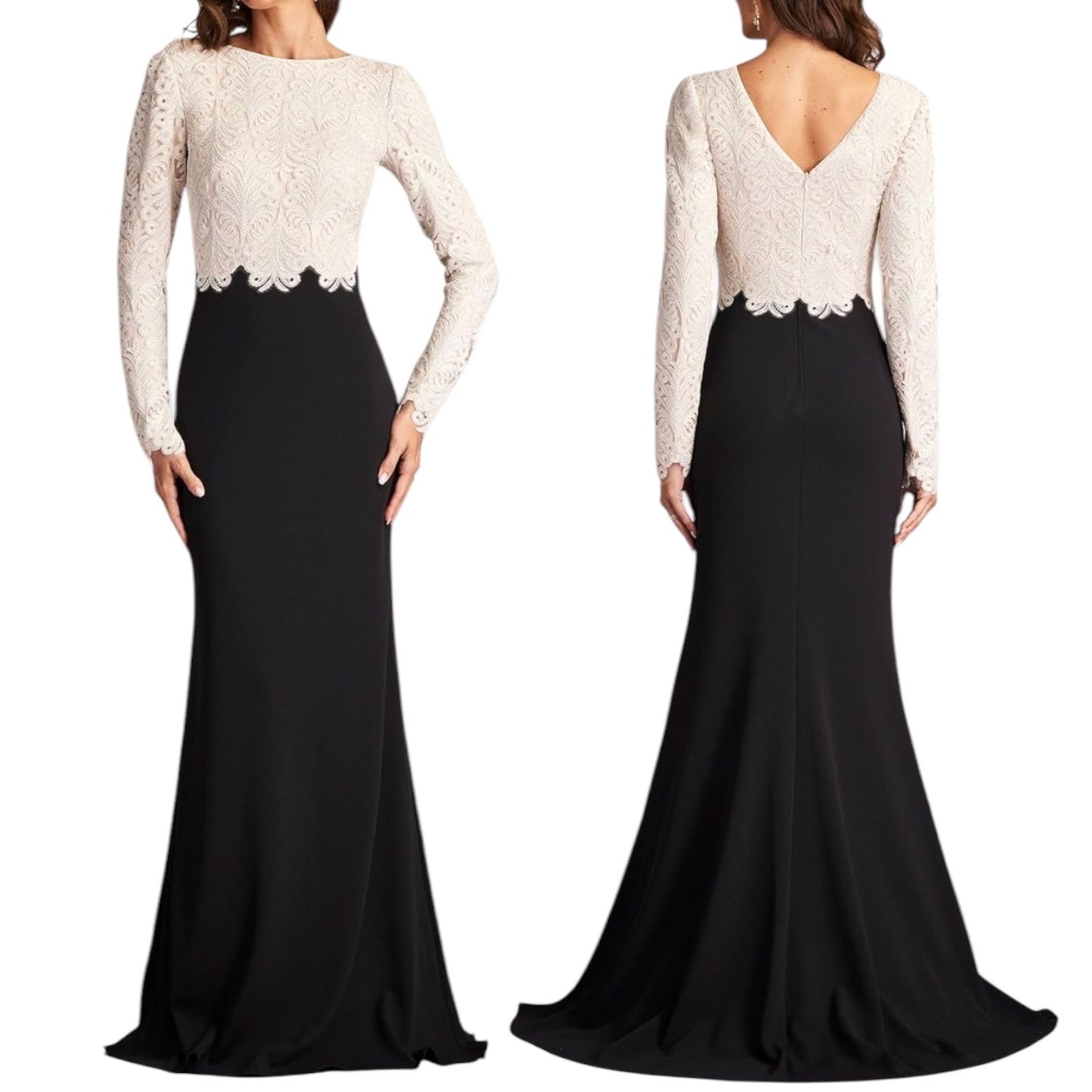Tadashi Shoji Embroidered Lace Long Evening Gown Black Ivory Size 20