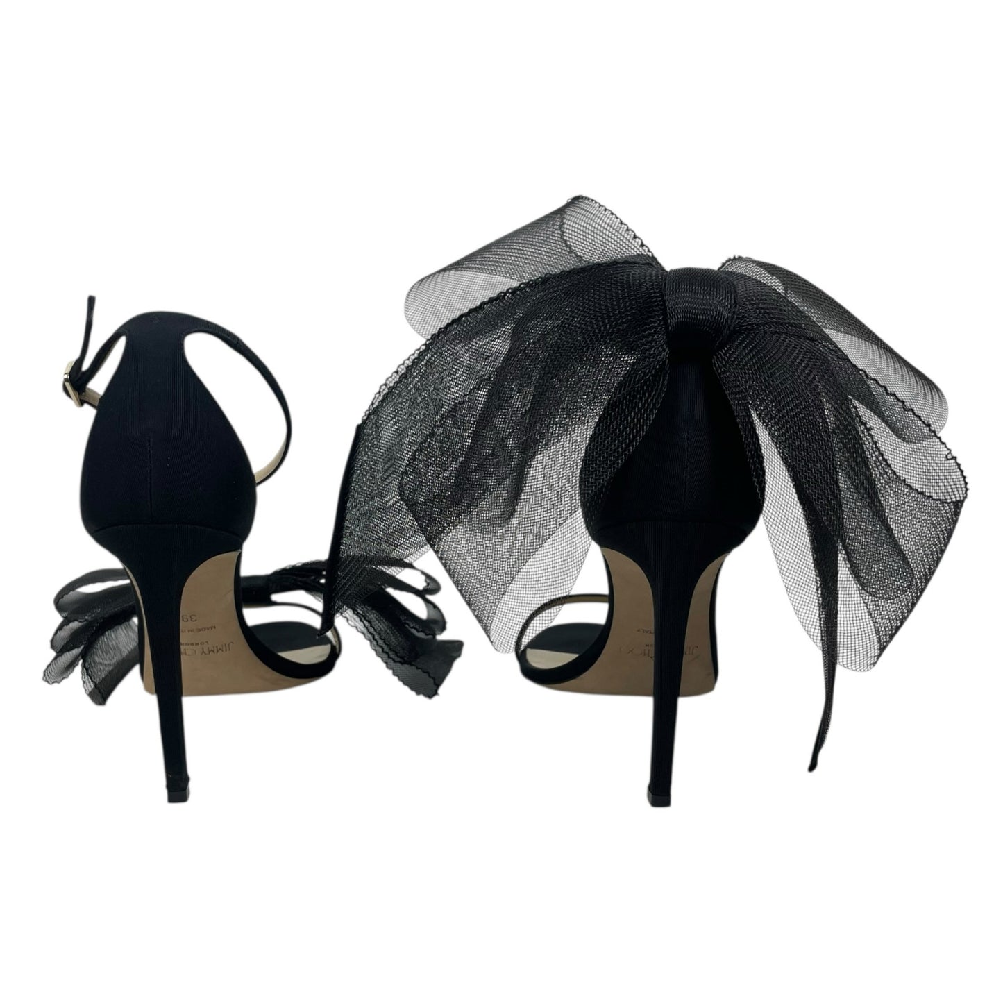 Jimmy Choo Aveline 100 Black Sandal Grosgrain Mesh Fasincator Bow Size 39