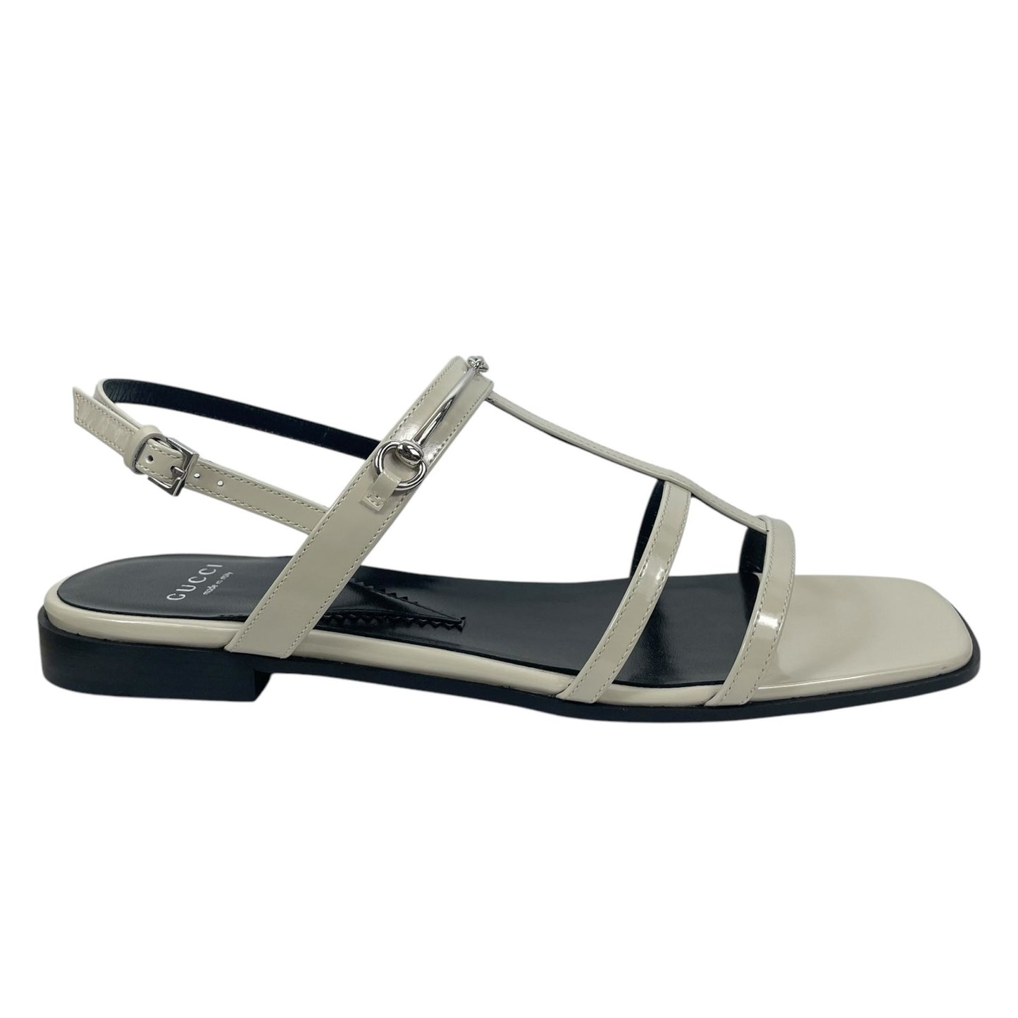 Gucci Divine Horsebit Patent Leather Slim Sandal Mystic White Size 40