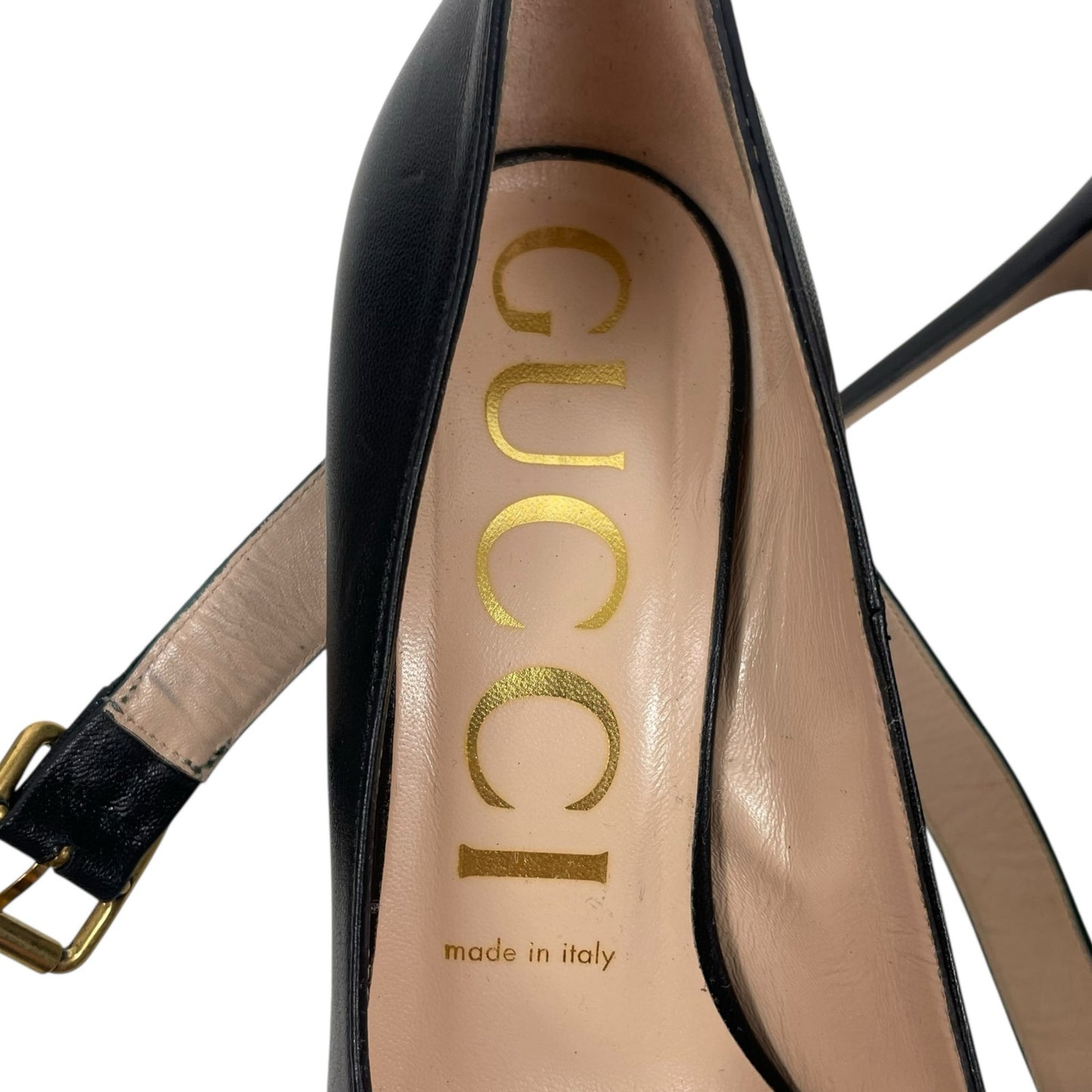 Gucci Malaga Kid Sylvie Mary Jane Web Pumps Black Leather Size 38.5