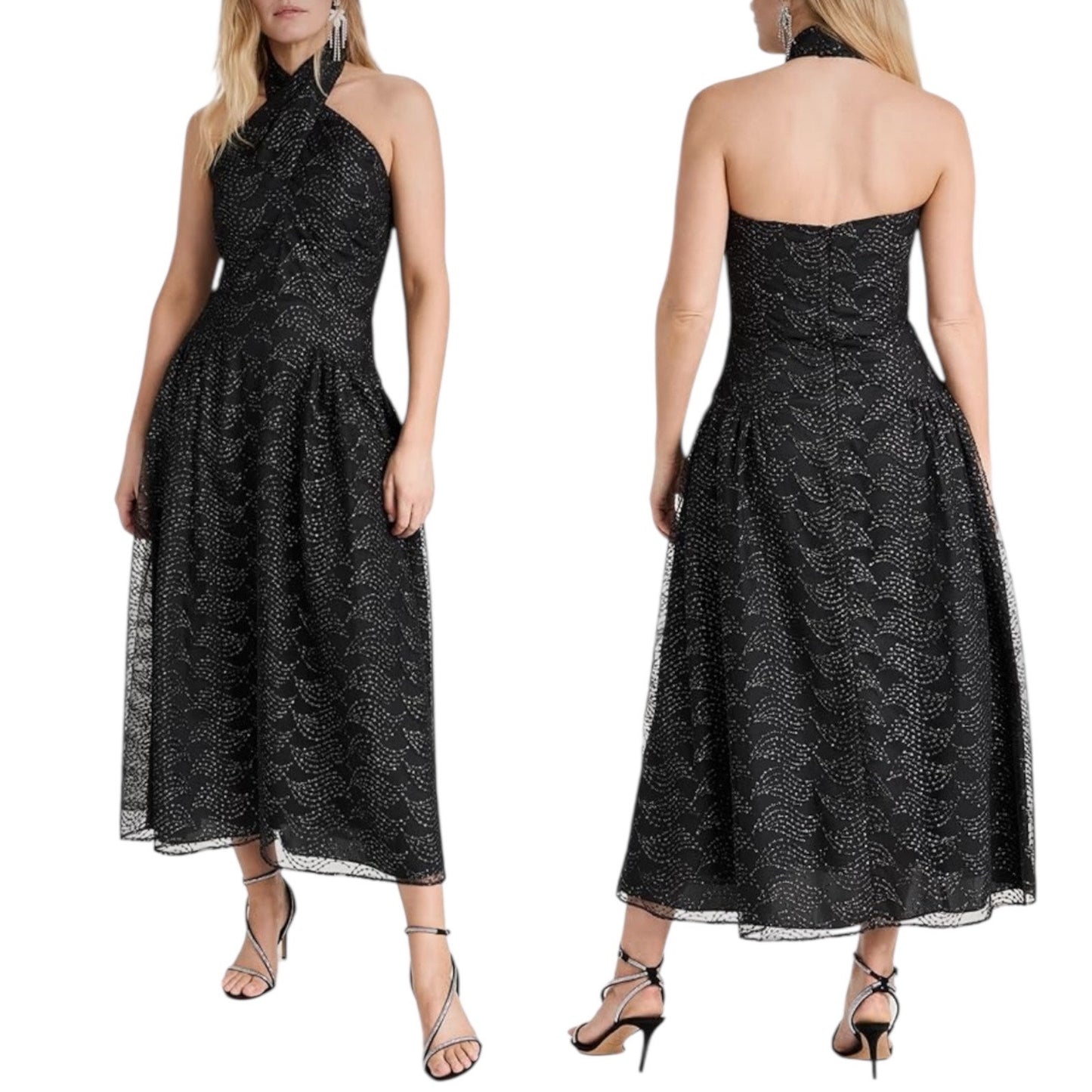 Shoshanna Olivia Metallic Scallope Mesh Halter Neck Black Dress Size 2