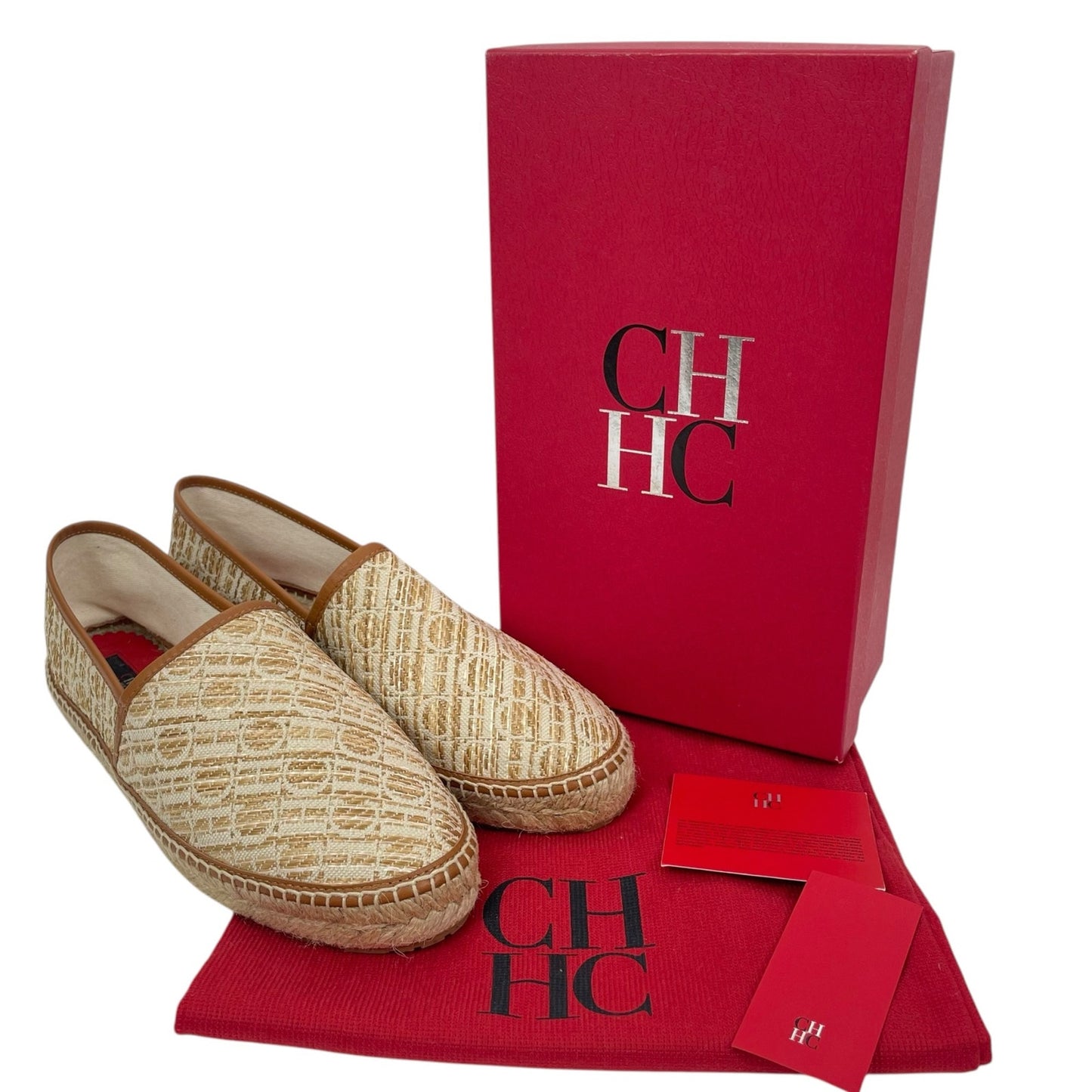 Carolina Herrera Alpargatas CH Logo Canvas Rafia Espadrille Brown Size 41