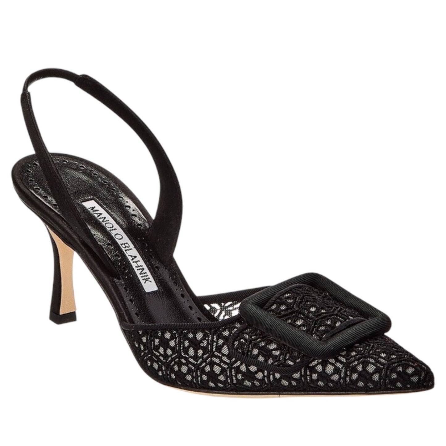 Manolo Blahnik Maysli 70 Lace Satin Slingback Mules Pumps Black Size 37.5
