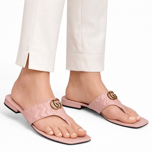 Gucci GG Logo Marmont Leather Thong Flat Sandals Pink Gold Size 37.5