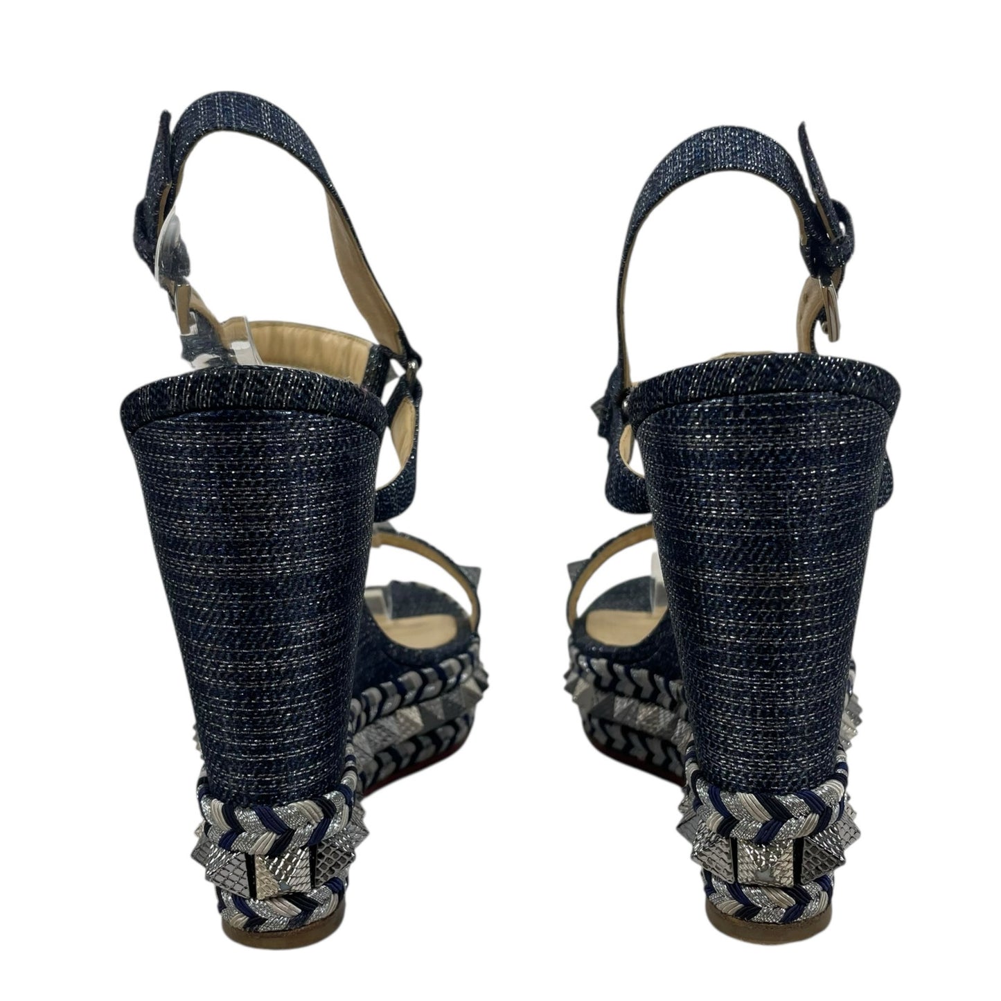 Christian Louboutin Lame Lux Pyraclou 110 Denim Wedge Sandal Blue Size 41