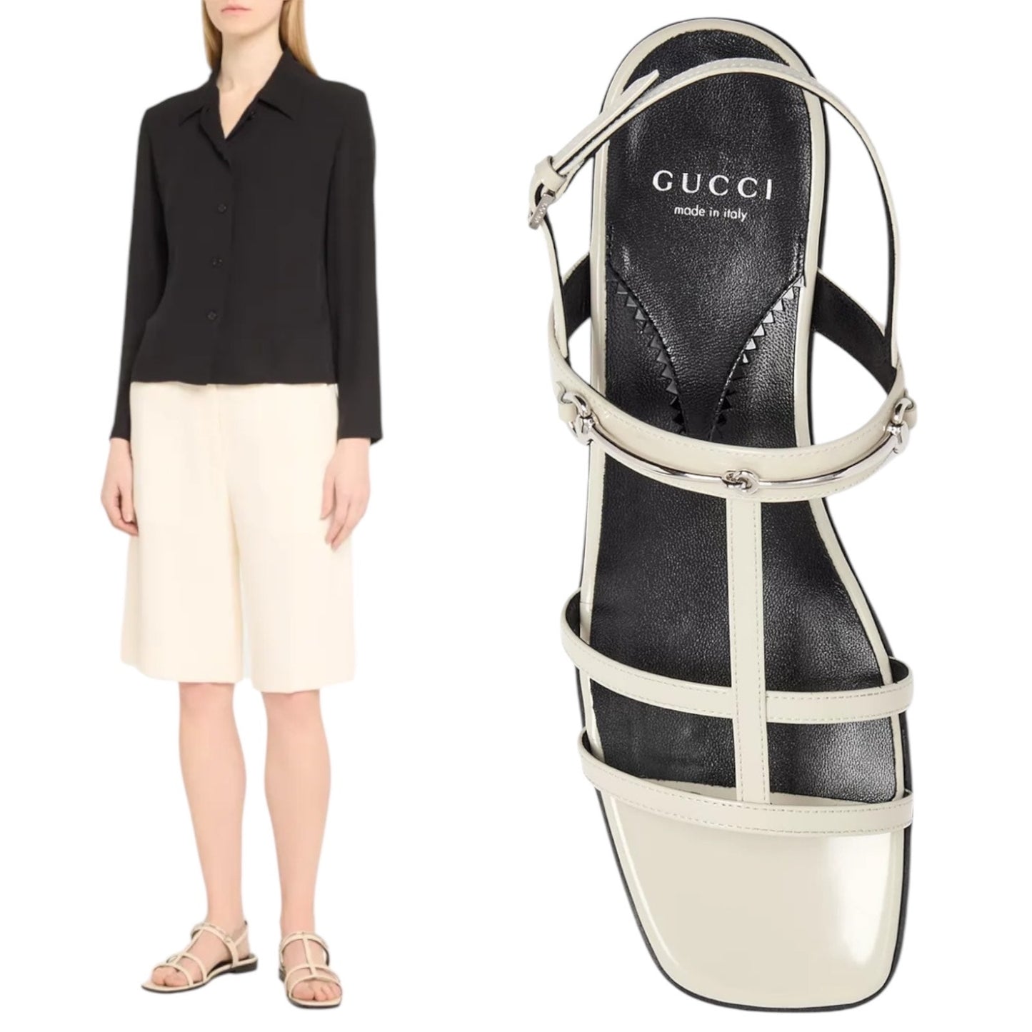 Gucci Divine Horsebit Patent Leather Slim Sandal Mystic White Size 40
