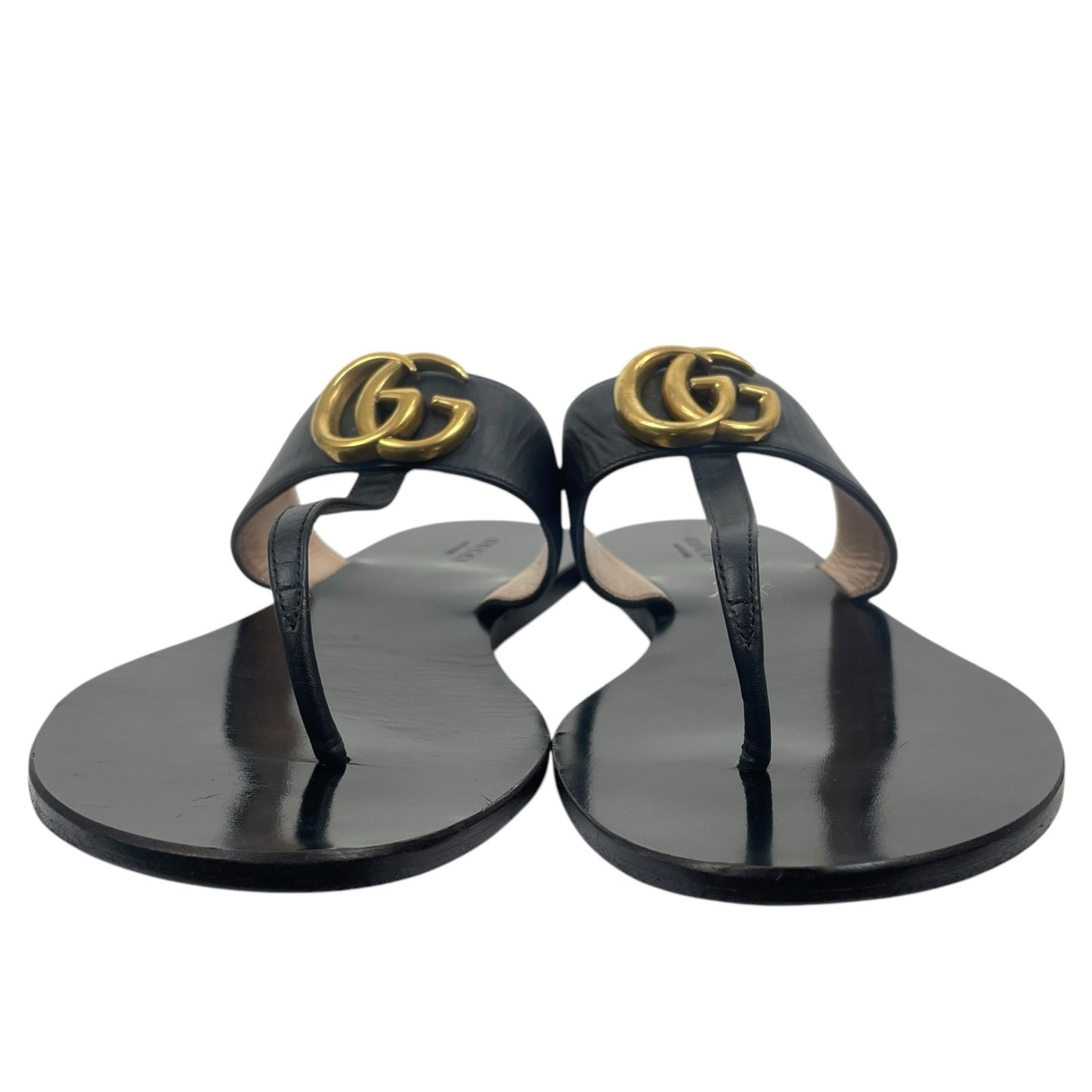 Gucci Leather Thong Sandals Double G Logo Black Gold Size 40.5