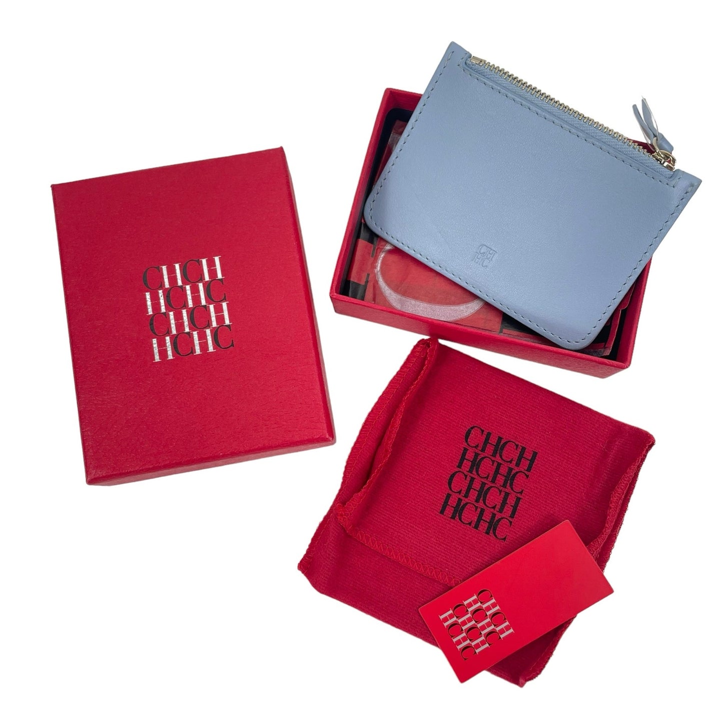 Carolina Herrera Calfskin Leather Zip Coin Wallet Cardholder Light Blue