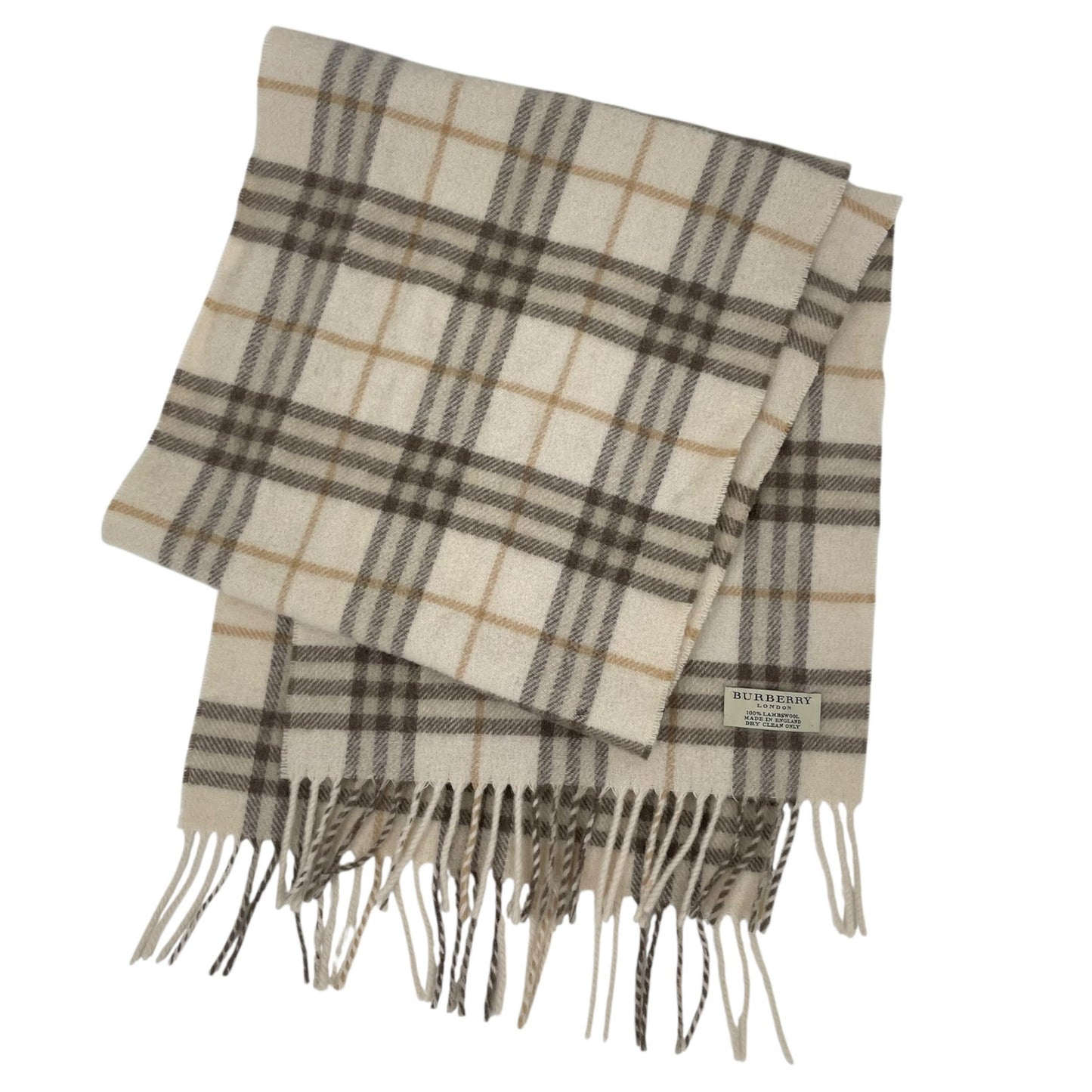 Burberry London Nova Check Plaid Fringe Lambswool Scarf Beige 55"x12"