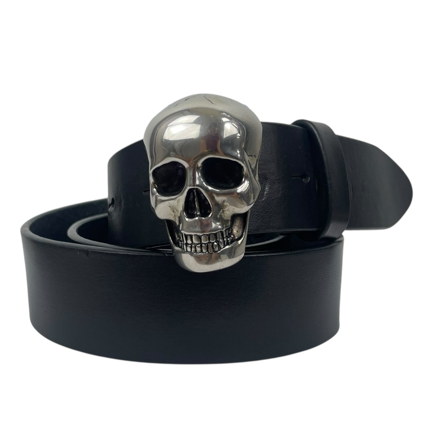Alexander Mcqueen 3D Skull Black Leather Belt Silver Bucklet Size 90/36