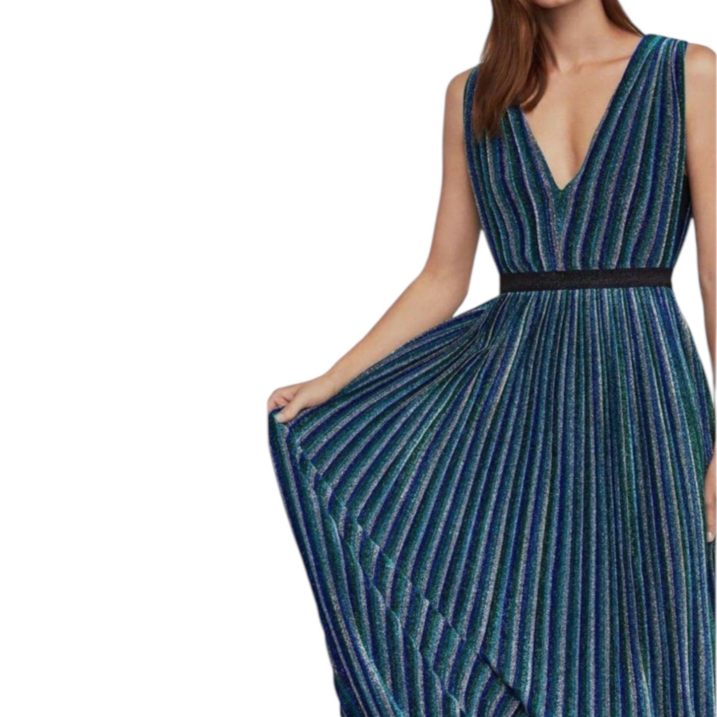 BCBGMaxAzria Metallic Striped Pleated Evening Gown Green Blue Size XXS