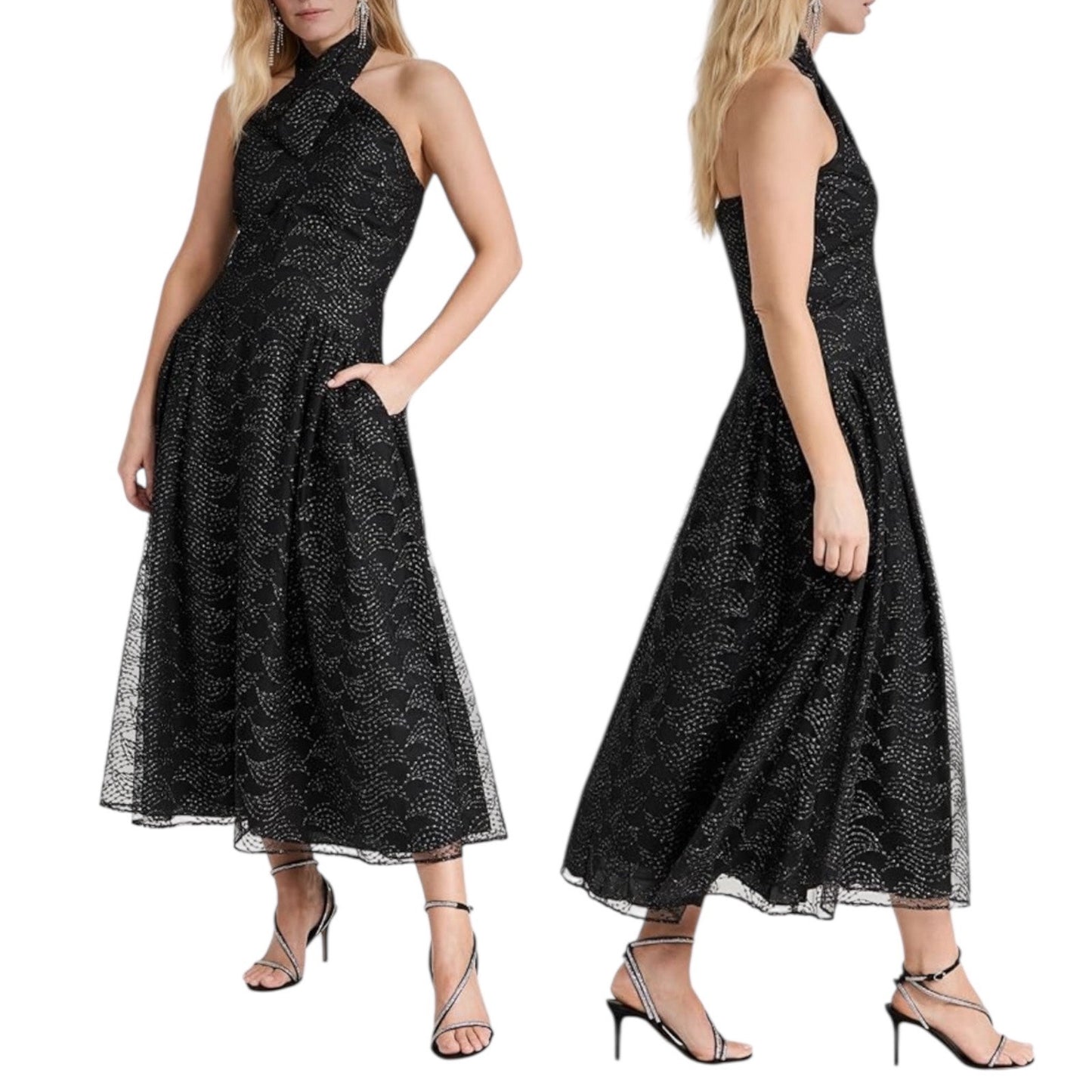 Shoshanna Olivia Metallic Scallope Mesh Halter Neck Black Dress Size 2