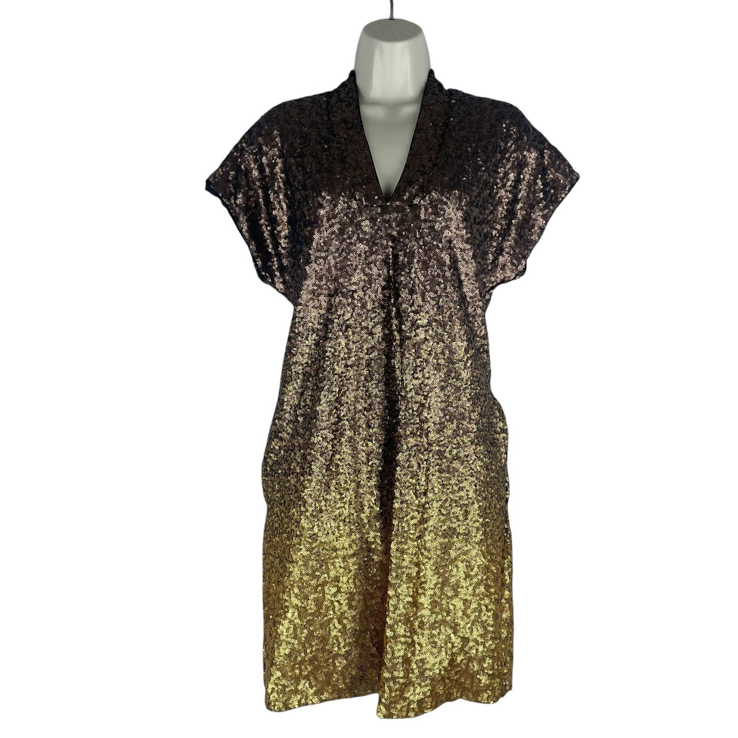 Johnny Was Sequin Gold Alma Ombre V Neck Shift Dress Pockets Size XS