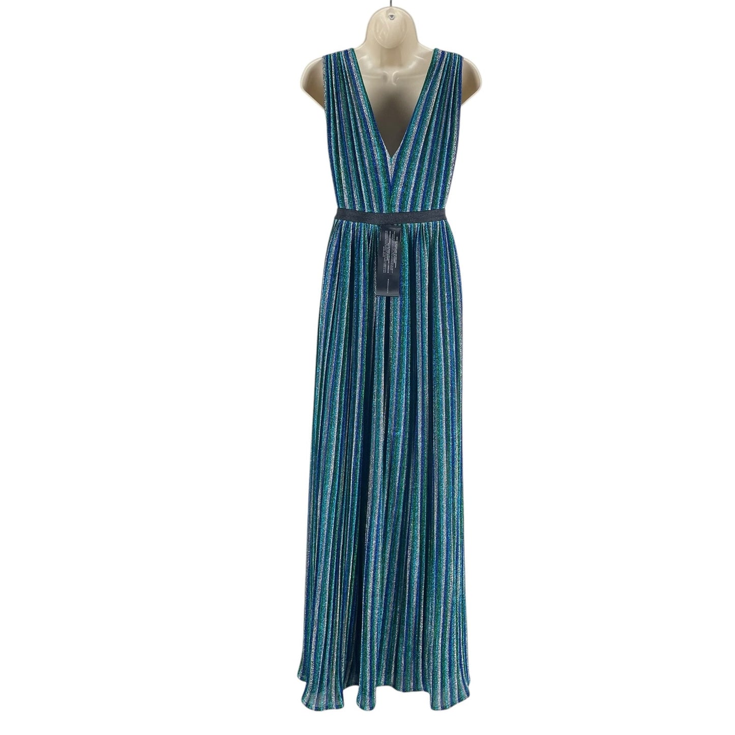 BCBGMaxAzria Metallic Striped Pleated Evening Gown Green Blue Size XXS