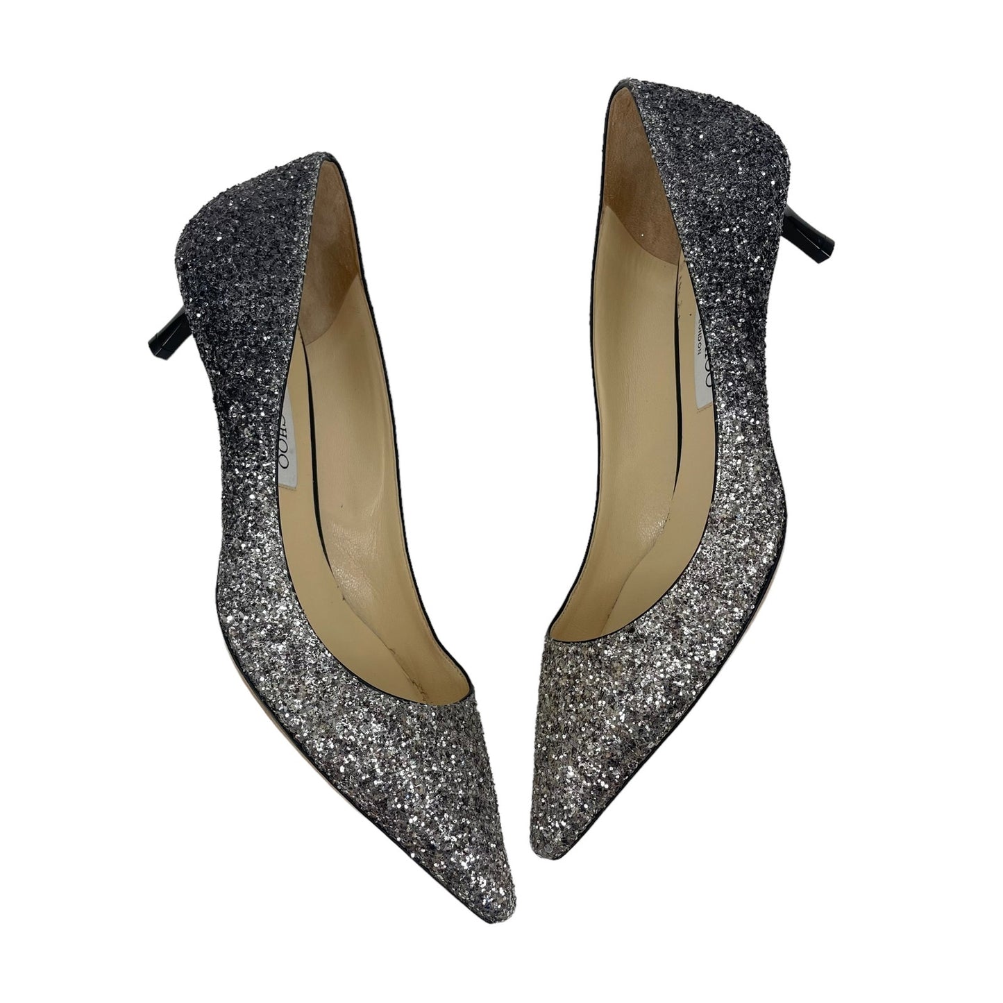 Jimmy Choo Romy 40mm Glitter Pumps Pointed Toe Ombre Silver Black Size 40