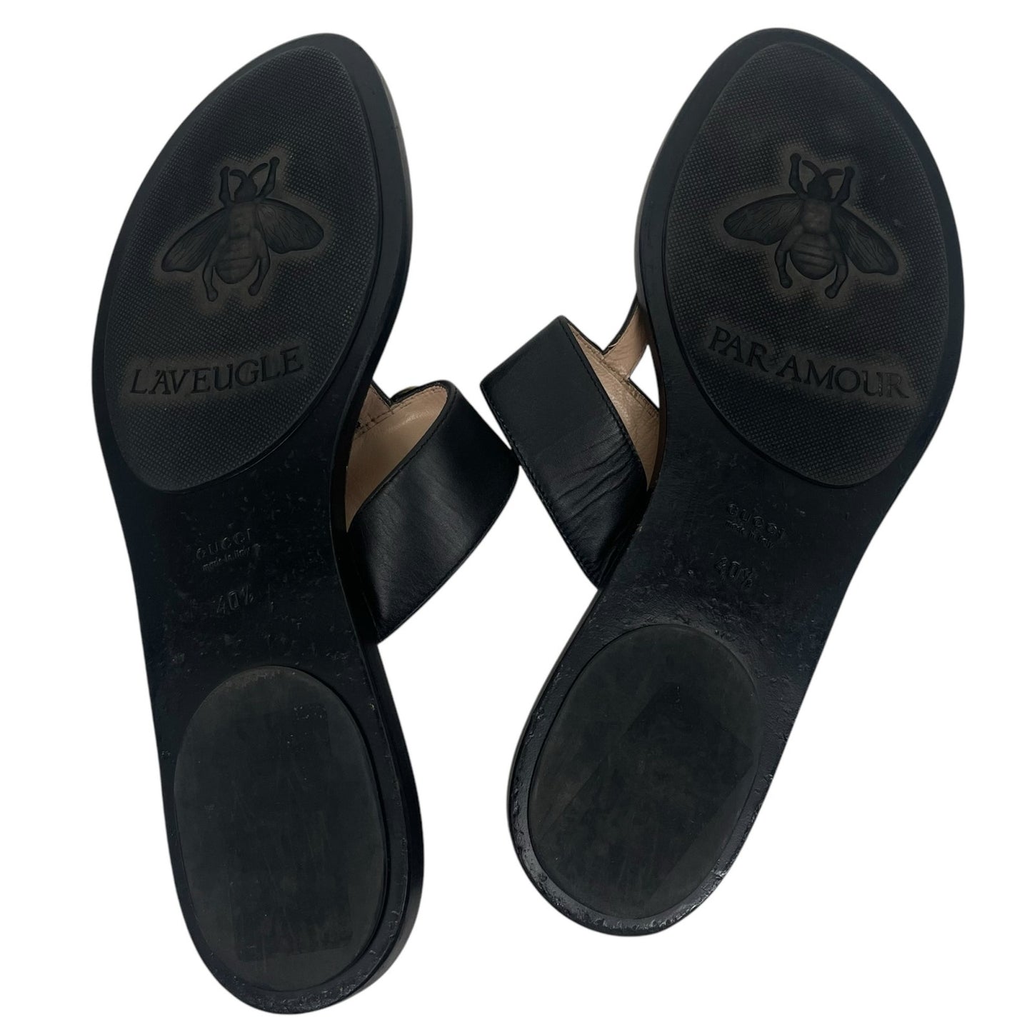 Gucci Leather Thong Sandals Double G Logo Black Gold Size 40.5