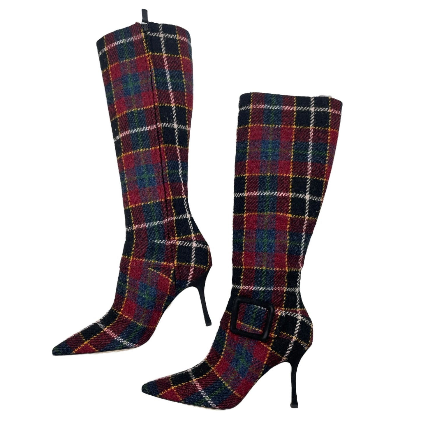 Manolo Blahnik Bayhi Gala Val Check Virgin Wool Knee High Boots Size 37.5