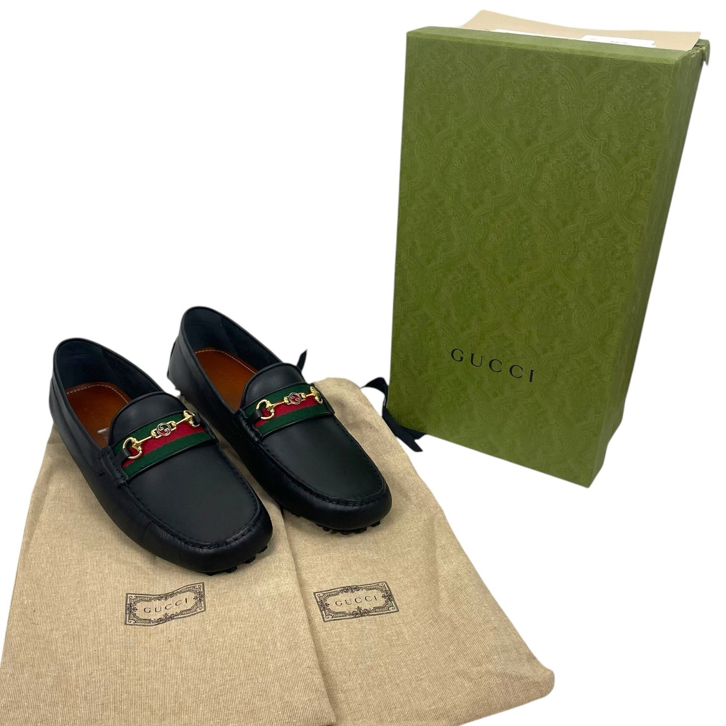 Gucci Ayrton Web GG Logo Horsebit Leather Driver Loafer Black Size 12.5