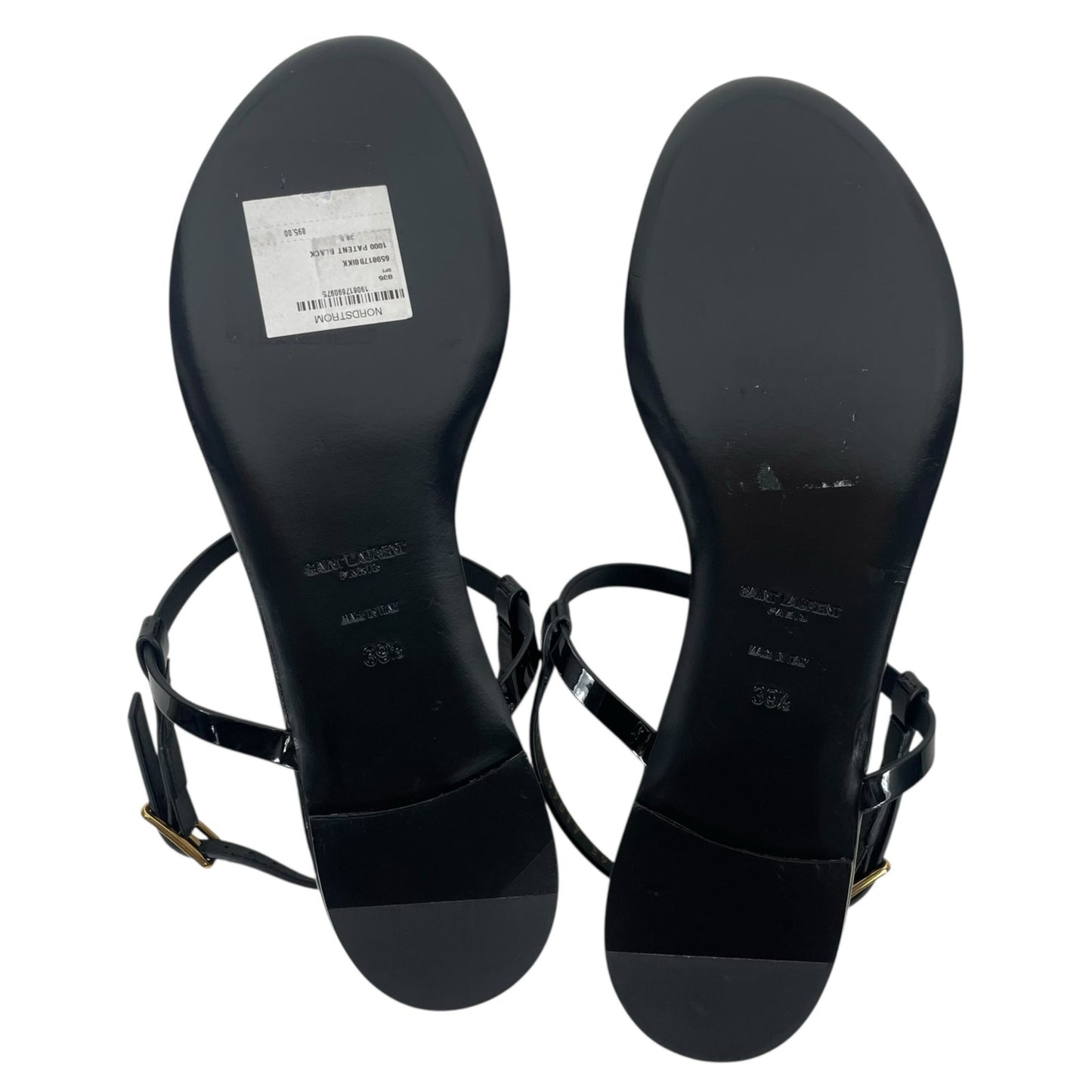 Saint Laurent Cassandra Patent YSL Thong Slide Sandal Black Gold Size 39.5