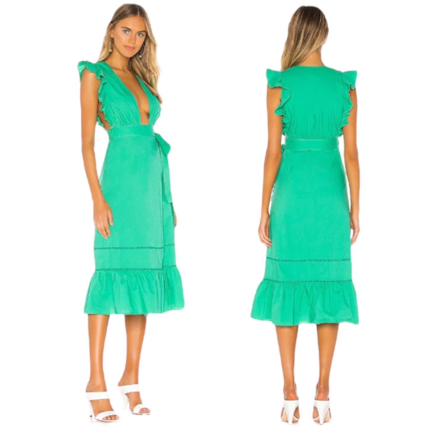 Lovers + Friends Zane Wrap Midi Dress Plunge Neck Green Size XS