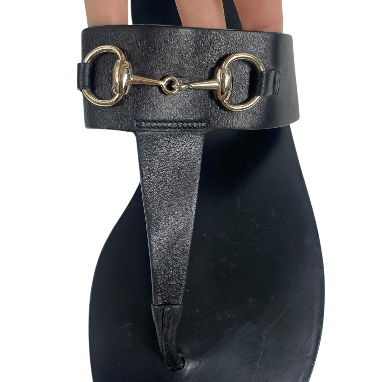 Gucci Horsebit Calf Leather Thong Sandal Slide Black Silver Size 37.5