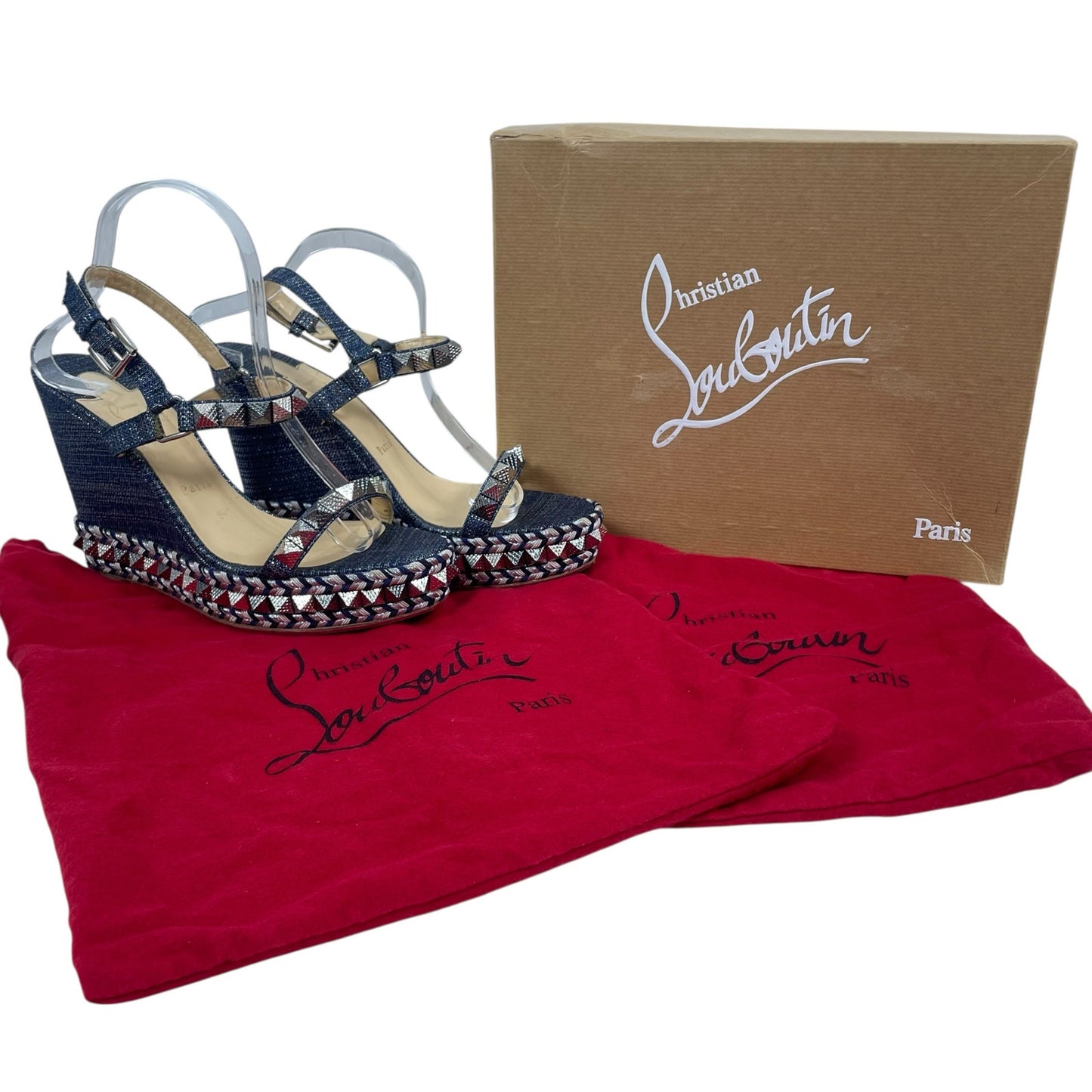 Christian Louboutin Lame Lux Pyraclou 110 Denim Wedge Sandal Blue Size 41