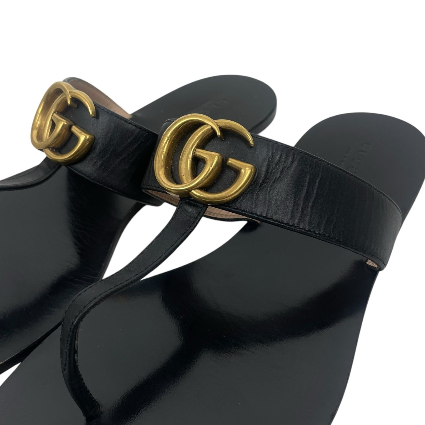 Gucci Leather Thong Sandals Double G Logo Black Gold Size 40.5