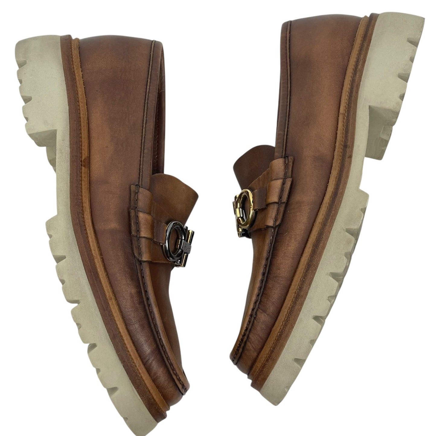 Salvatore Ferragamo Gancini Bit Lug Sole Leather Loafers Brown Size 8/ US 9