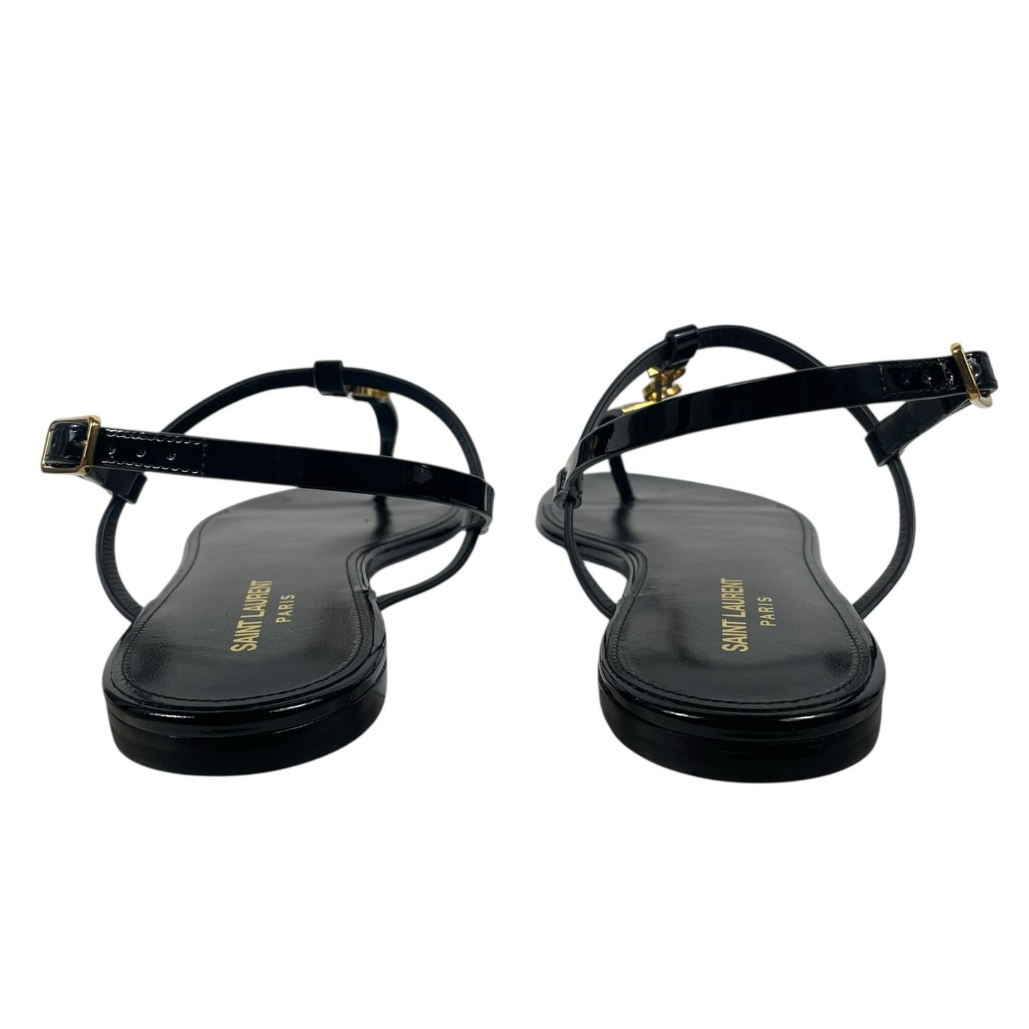 Saint Laurent Cassandra Patent YSL Thong Slide Sandal Black Gold Size 39.5
