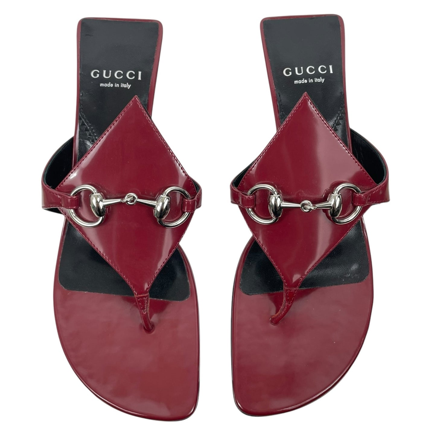 Gucci Mariame Horsebit Leather Thong Sandals Kitten Heel Red Size 36.5