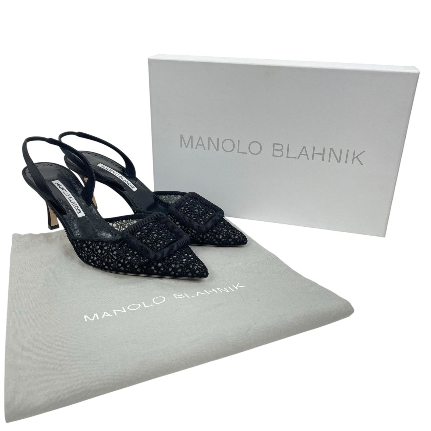 Manolo Blahnik Maysli 70 Lace Satin Slingback Mules Pumps Black Size 37.5