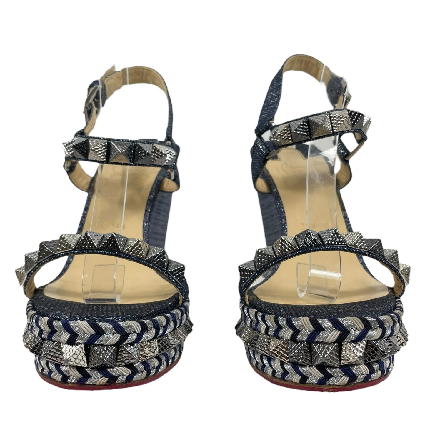 Christian Louboutin Lame Lux Pyraclou 110 Denim Wedge Sandal Blue Size 41