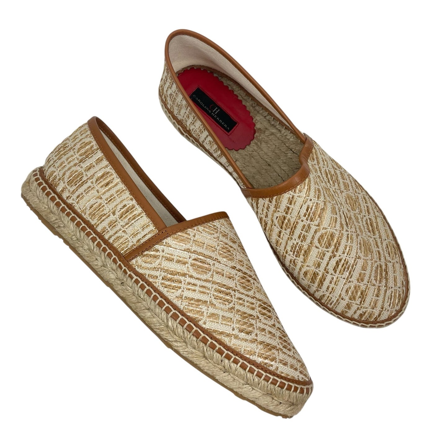 Carolina Herrera Alpargatas CH Logo Canvas Rafia Espadrille Brown Size 41