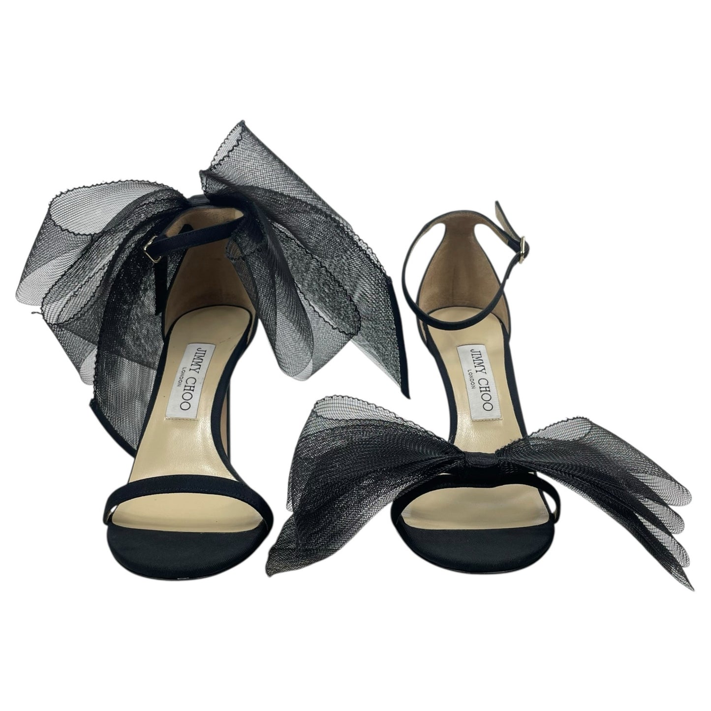 Jimmy Choo Aveline 100 Black Sandal Grosgrain Mesh Fasincator Bow Size 39