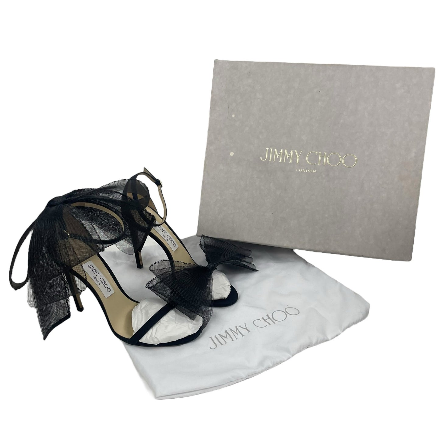 Jimmy Choo Aveline 100 Black Sandal Grosgrain Mesh Fasincator Bow Size 39