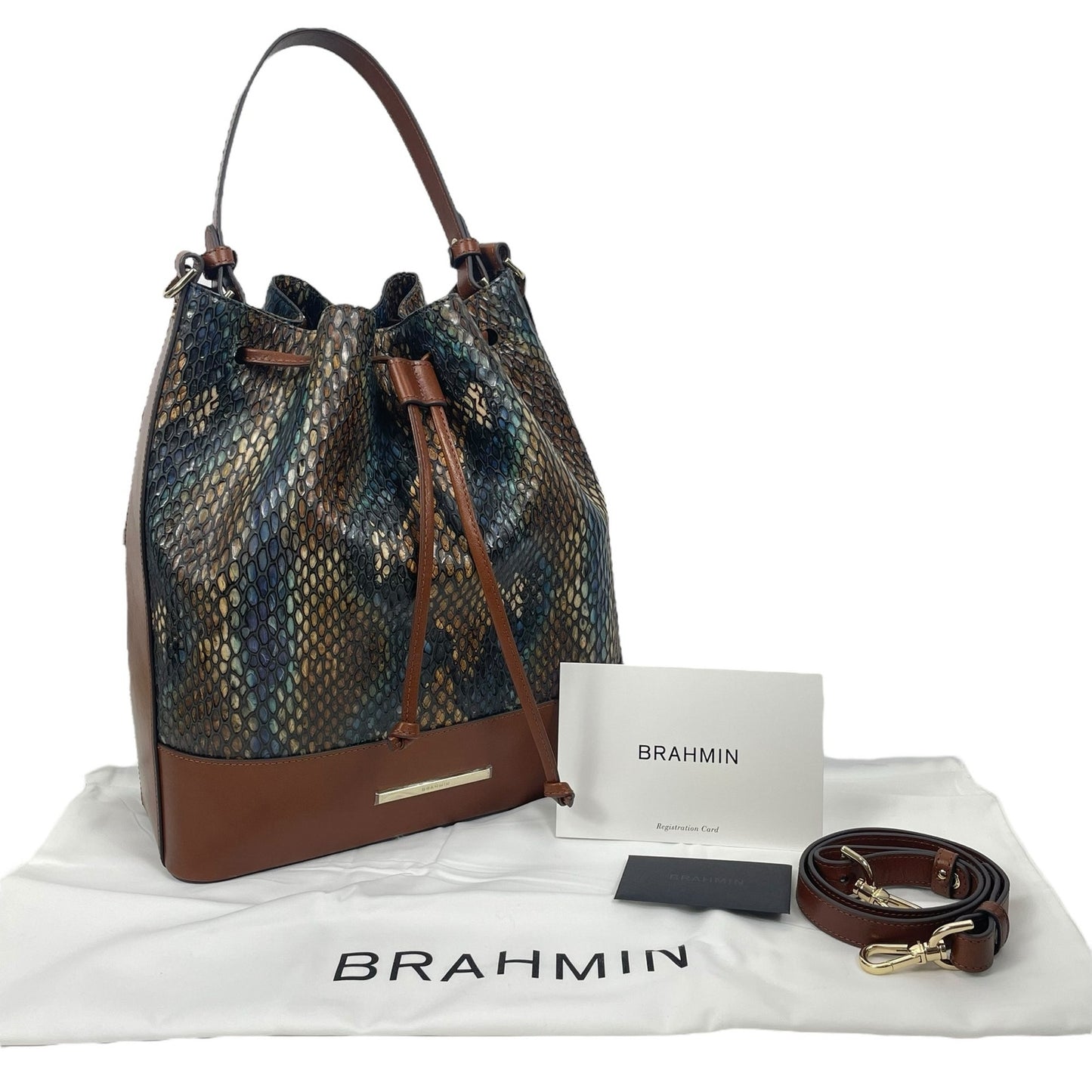 Brahmin Marlowe Embossed Leather Bucket Bag Bottle Blue Fletcher