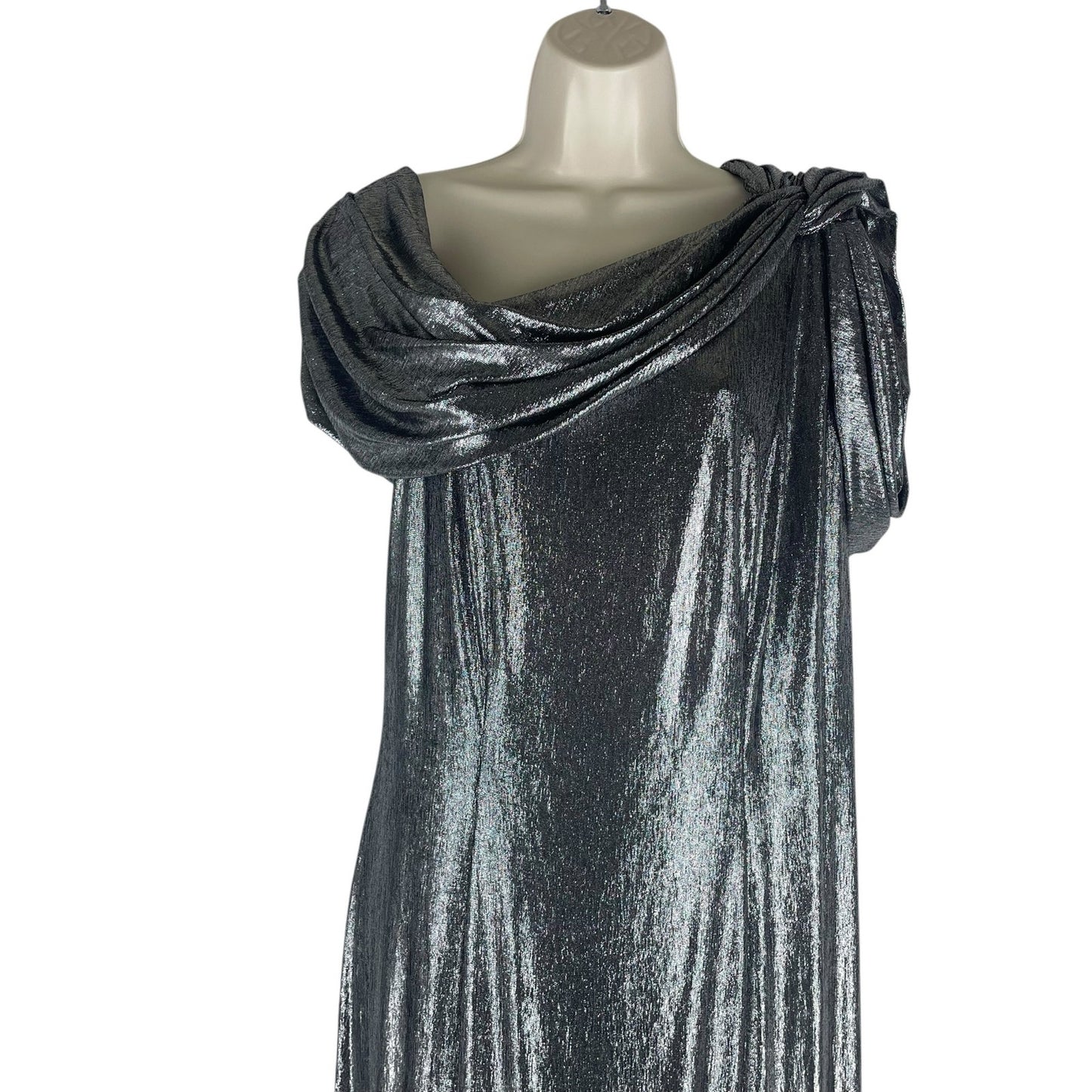 Tadashi Shoji Copley Shoulder Drape Lame Gown Silver Steel Size XL