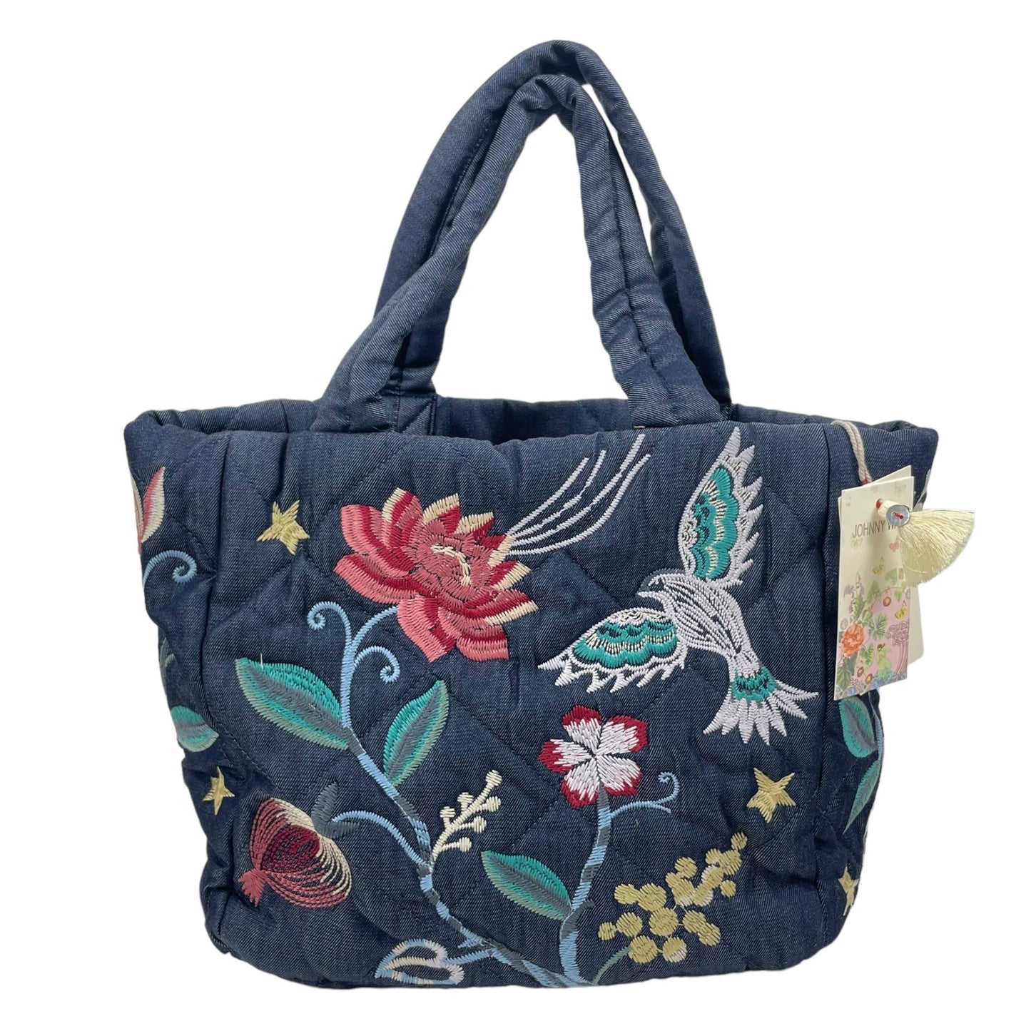 Johnny Was Viola Denim Quilted Tote Bag Embroidered Blue