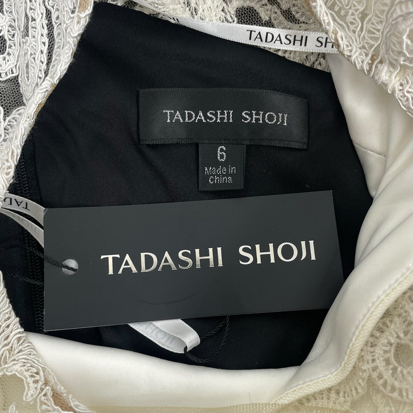 Tadashi Shoji Betton Contrast Illusion Evening Gown Ivory Black Size 6