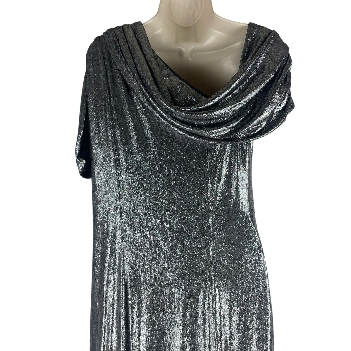 Tadashi Shoji Copley Shoulder Drape Lame Gown Silver Steel Size XL