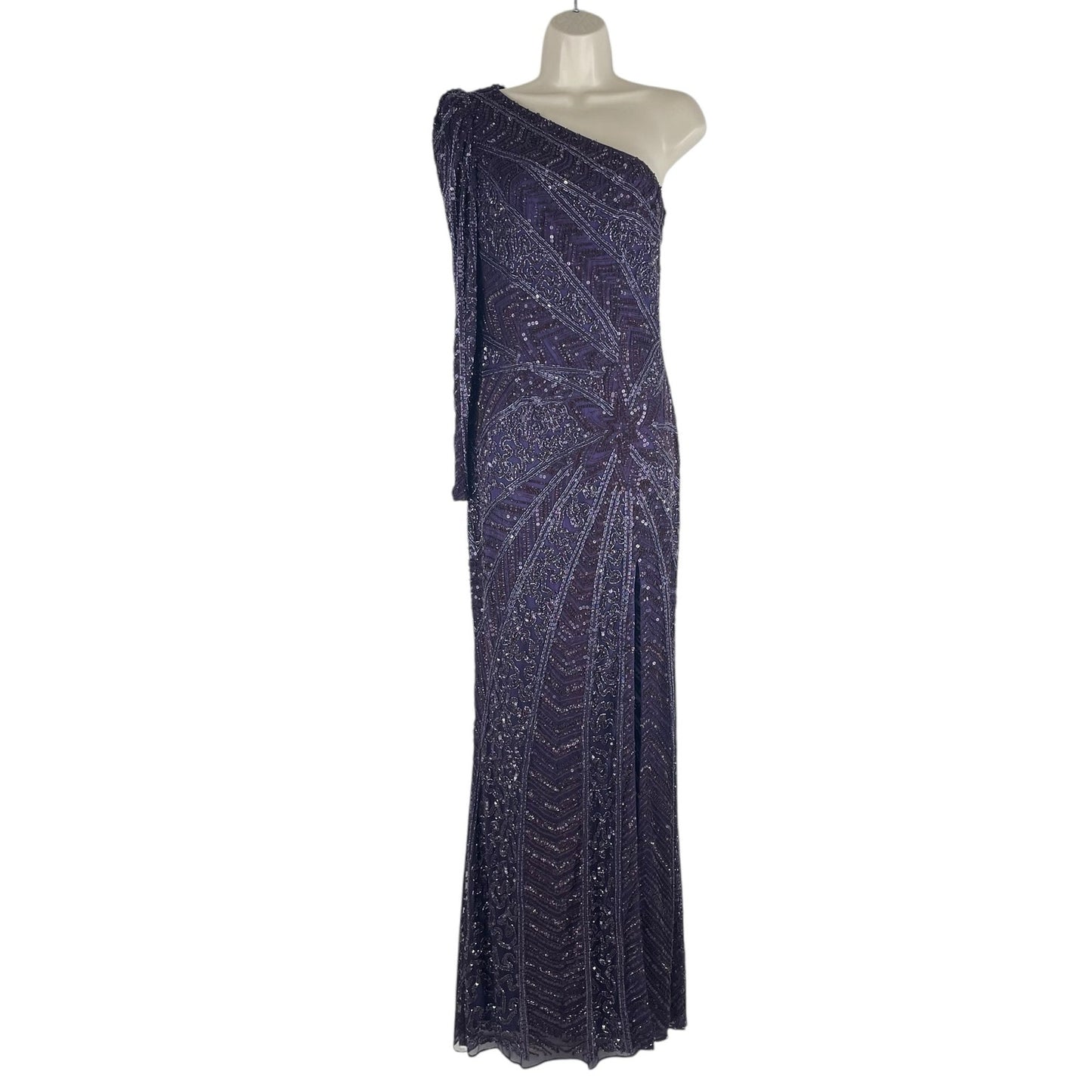 Mac Duggal Beaded One Shoulder Evening Gown Aubergine 5649 Size 6