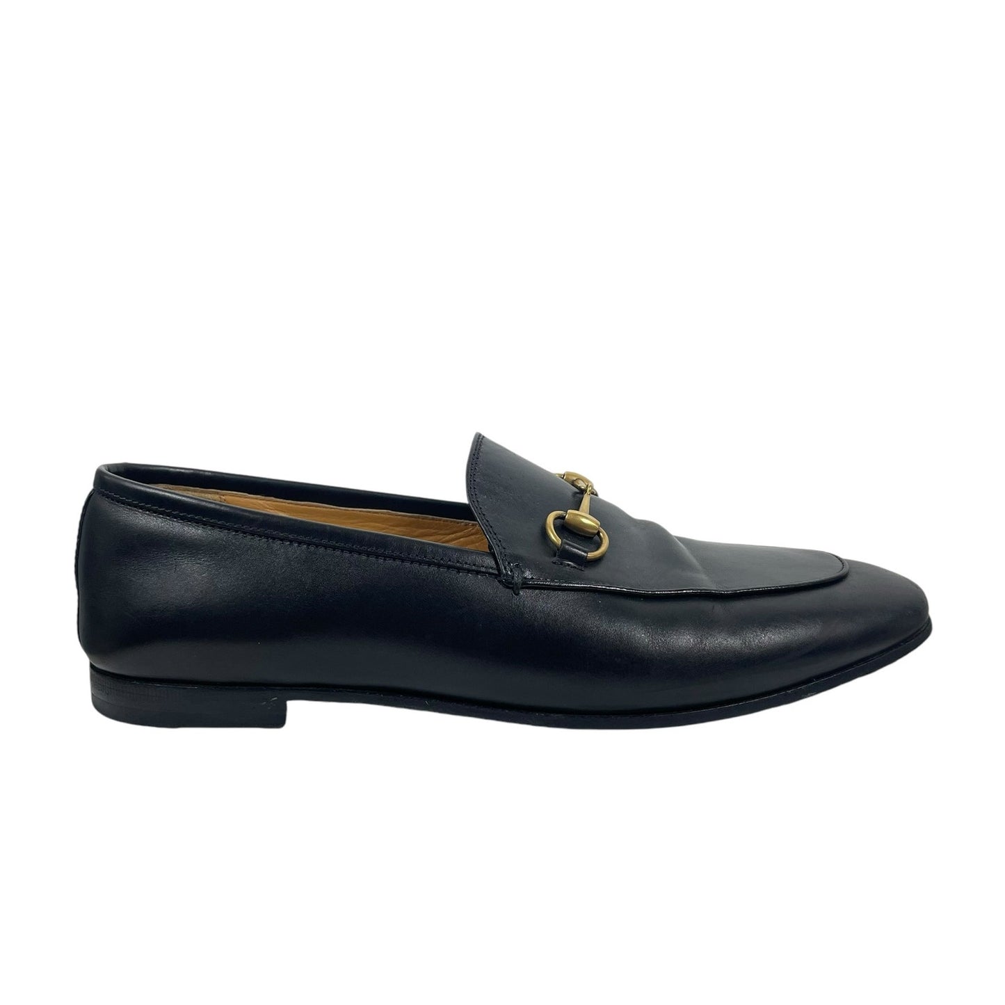 Gucci Jordaan Black Leather Loafers Horsebit Round Toe Flat Size 38.5