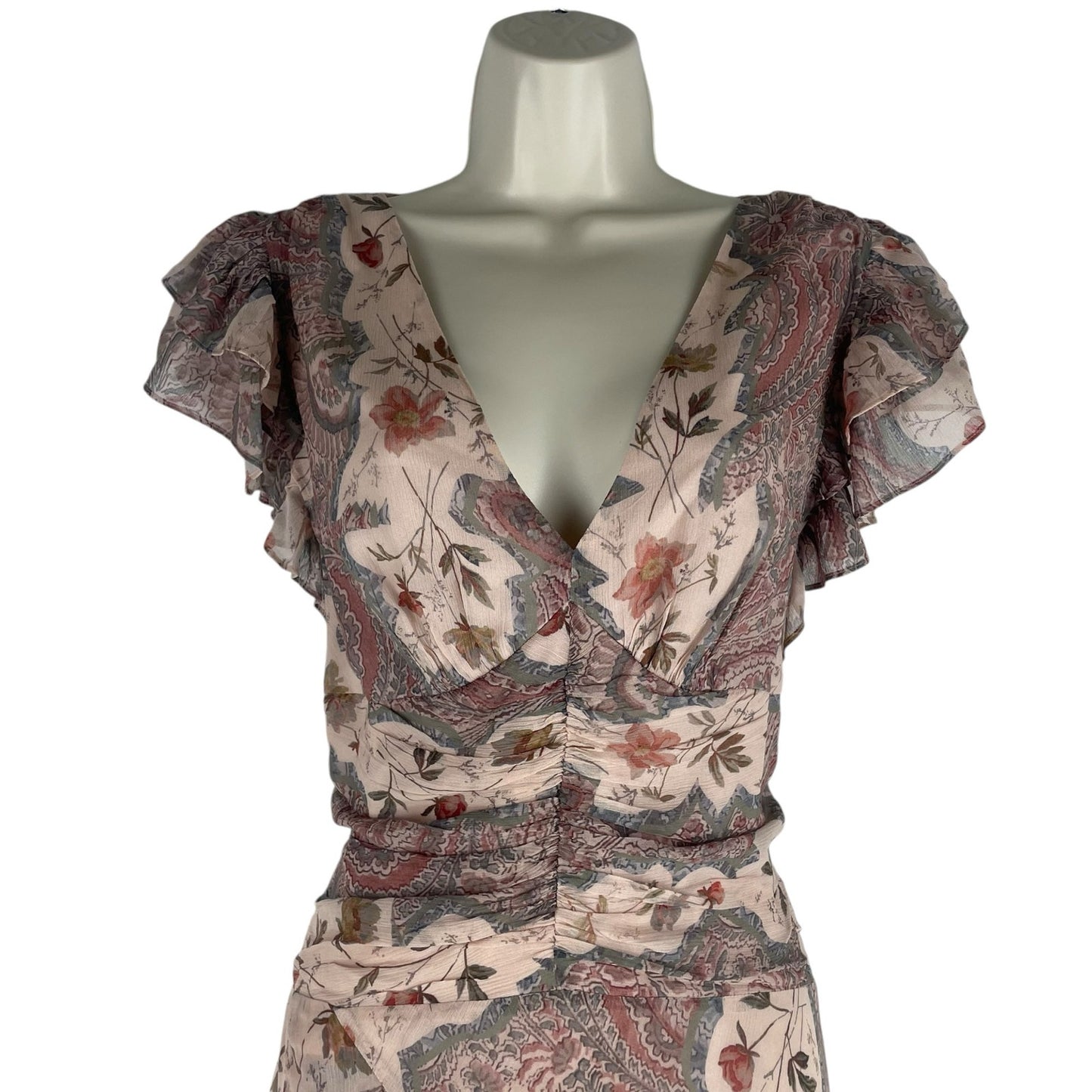 All Saints Brea Floral Print Cascade Maxi Dress Clay Pink Size 8