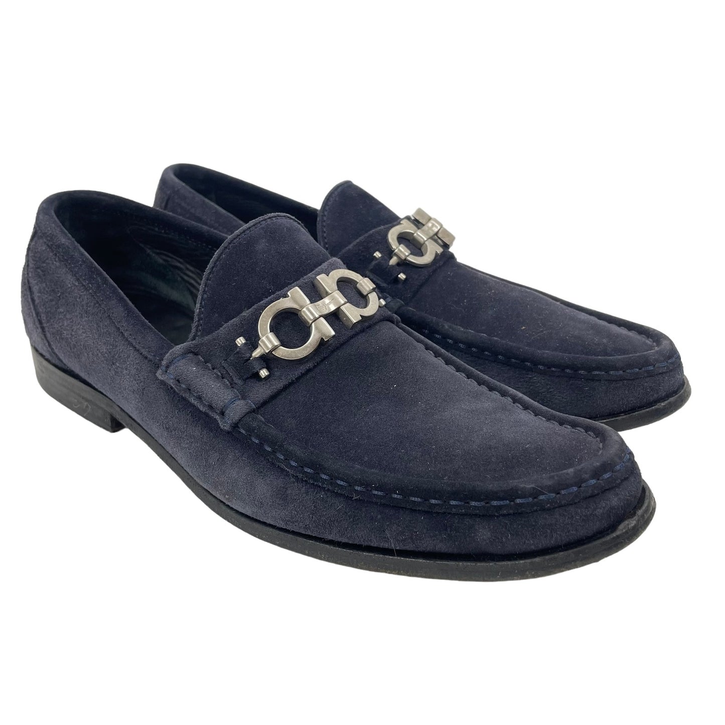 Salvatore Ferragamo Rich Gancini Suede Loafers Slip On Navy Blue Size 8EE