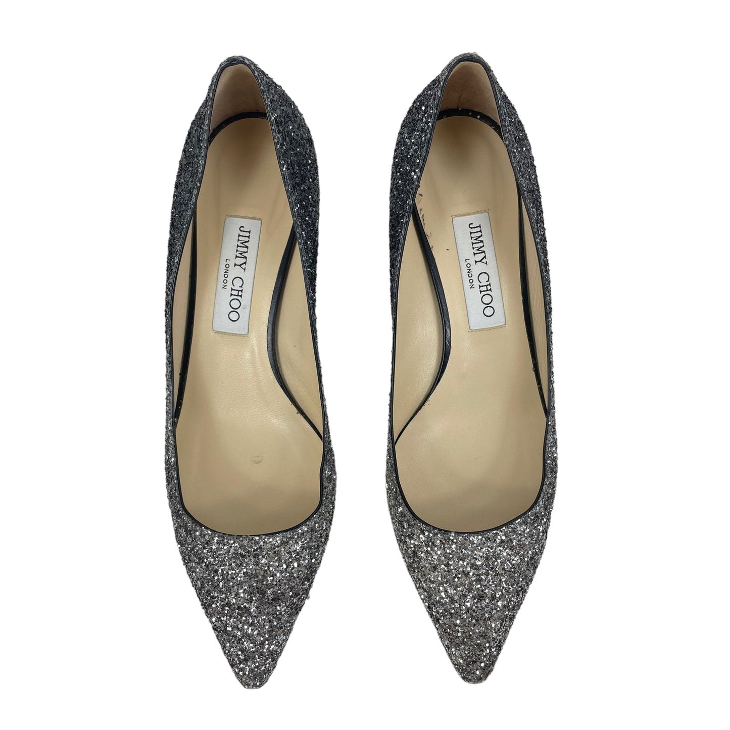 Jimmy Choo Romy 40mm Glitter Pumps Pointed Toe Ombre Silver Black Size 40